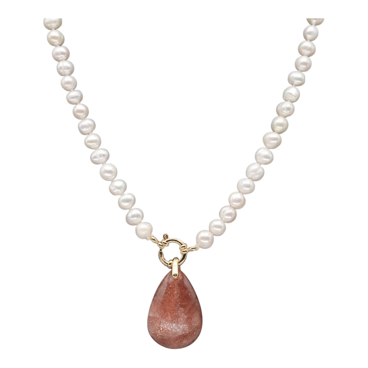 Collier perle d’eau douce 7-8 mm bouée en acier doré ou argenté avec pendentif Pierre de soleil AAA - Foliesbijoux