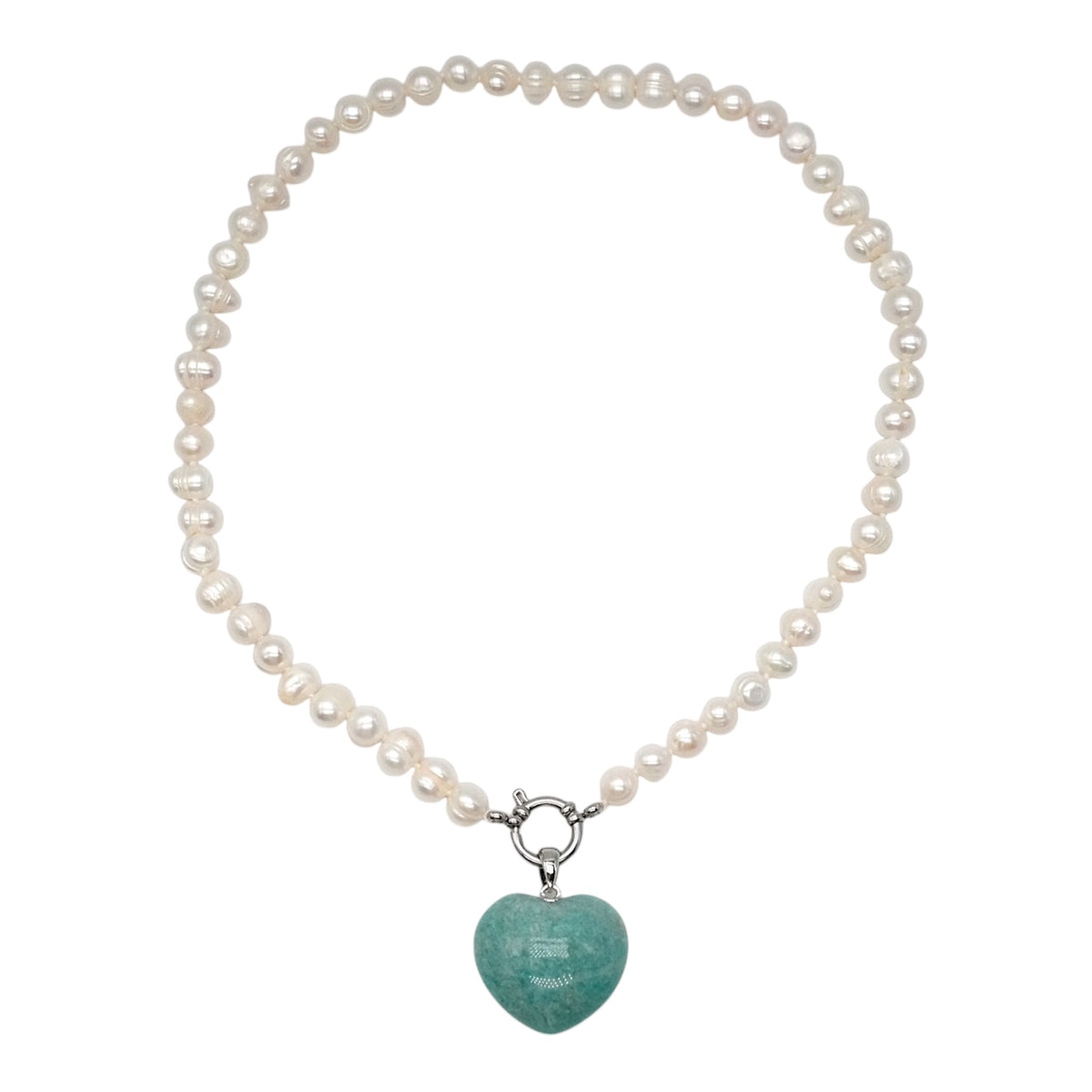 Freshwater pearl necklace 7-8 mm, silver-plated stainless steel buoy clasp with heart-shaped Amazonite pendant (interchangeable)