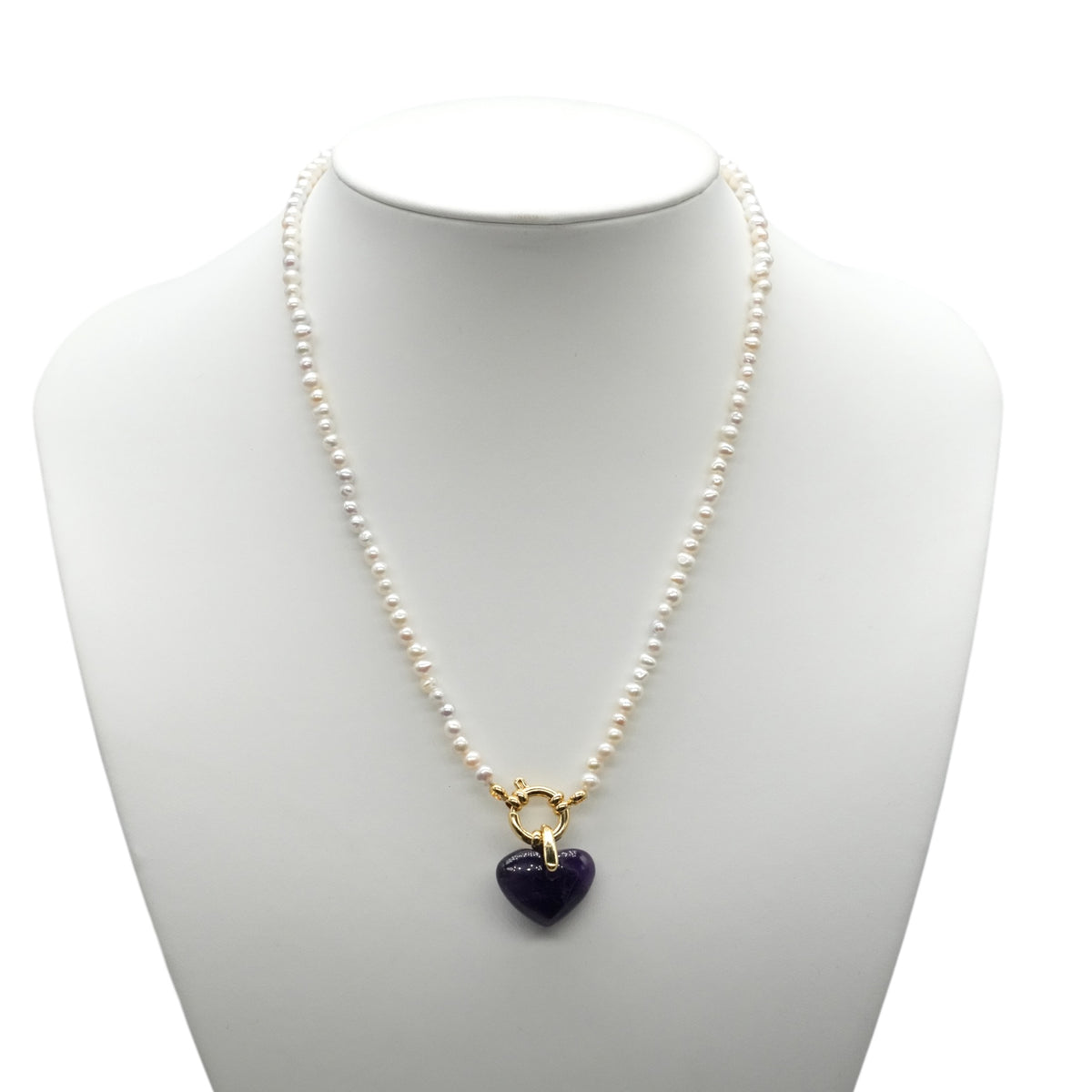 Spéciale St-Valentin - Collier perle d’eau douce 3 mm avec pendentif forme coeur (bélière doré incluse) (20 pierres disponible) - Foliesbijoux