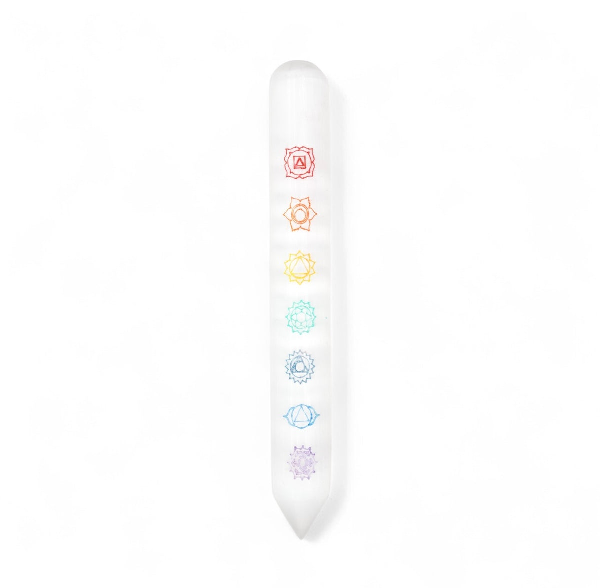 Baguette en Sélénite 7 Chakras (arrondie/pointe) (des défauts peuvent subvenir)