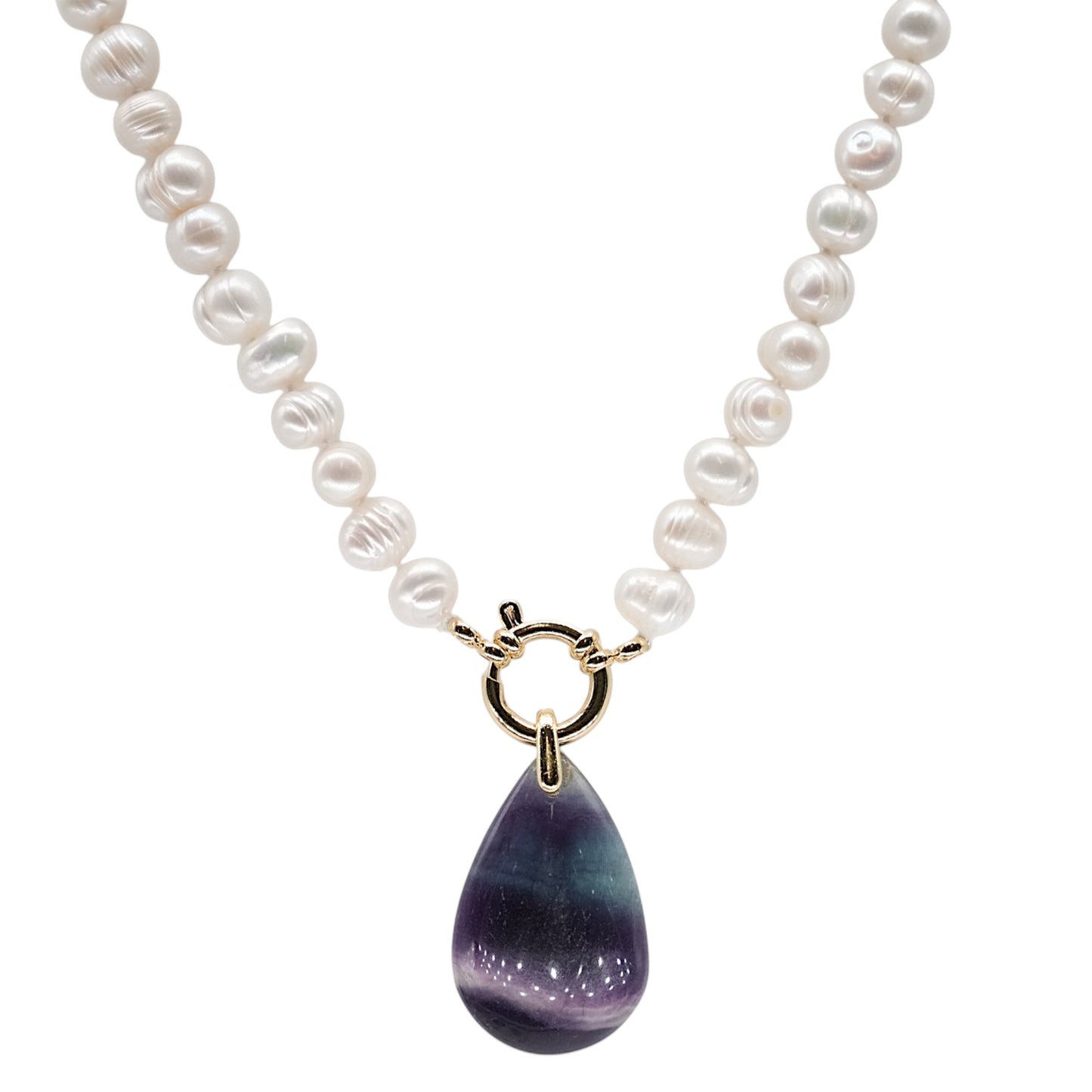 Collier perle d’eau douce 7-8 mm bouée en acier doré ou argenté avec pendentif Fluorine multicolore - Foliesbijoux