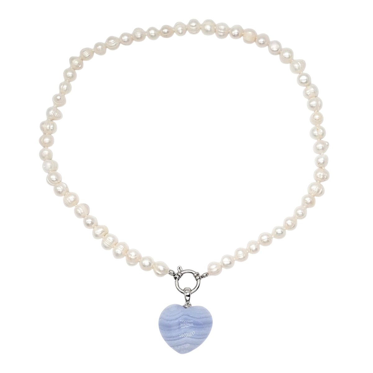 Collier pierre d’eau douce 7-8 mm avec pendentif Calcédoine bleue forme cœur (interchangable)