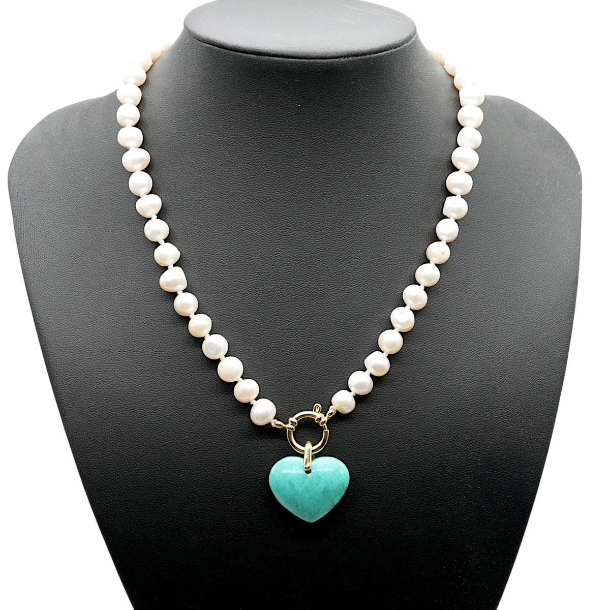 Spécial St-Valentin - Collier perle d’eau douce 8-9 mm avec pendentif forme coeur (bélière doré) (20 pierres disponible) - Foliesbijoux