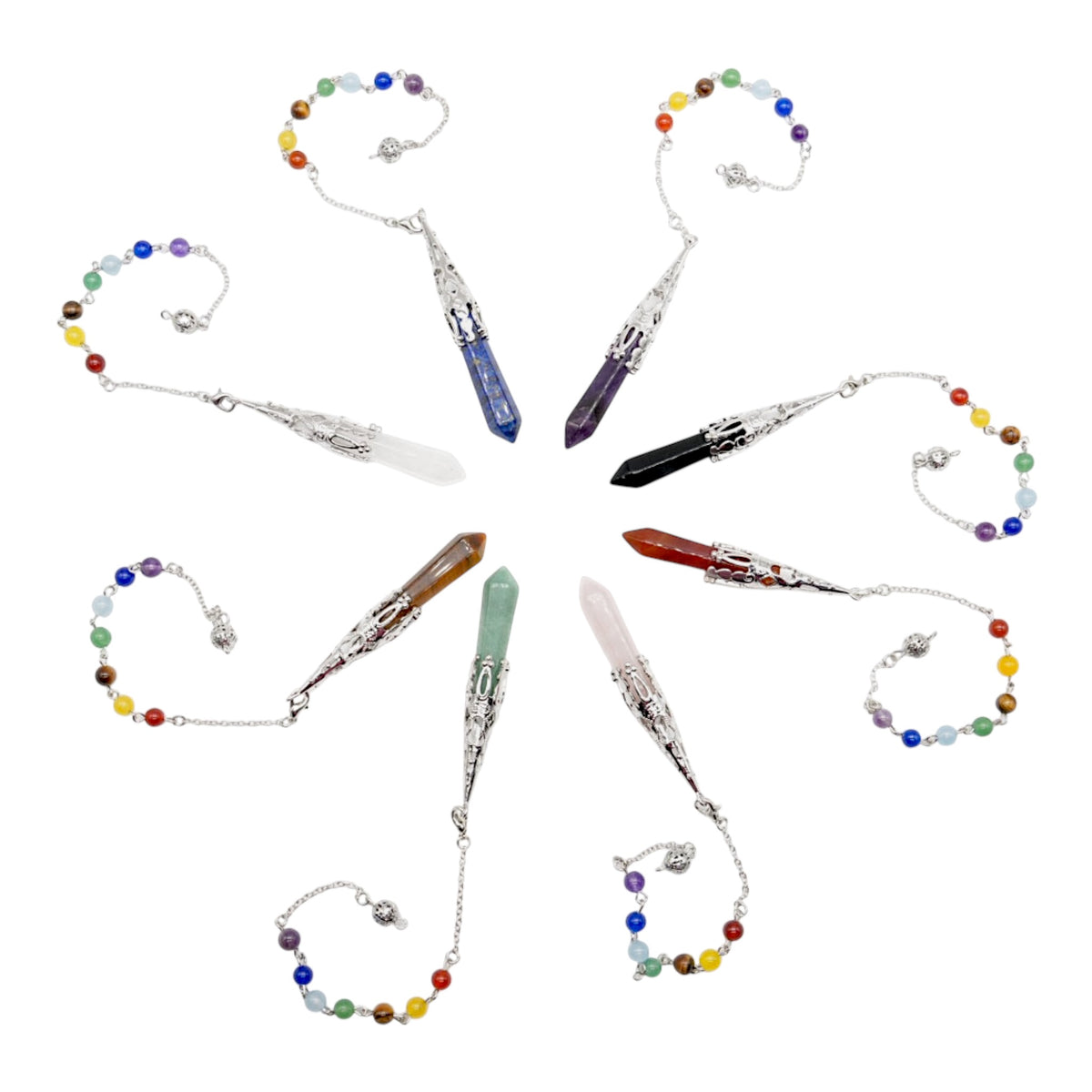 Pendule longue pointe (chaine en 7 chakras) (8 pierres disponible) RESTOCK