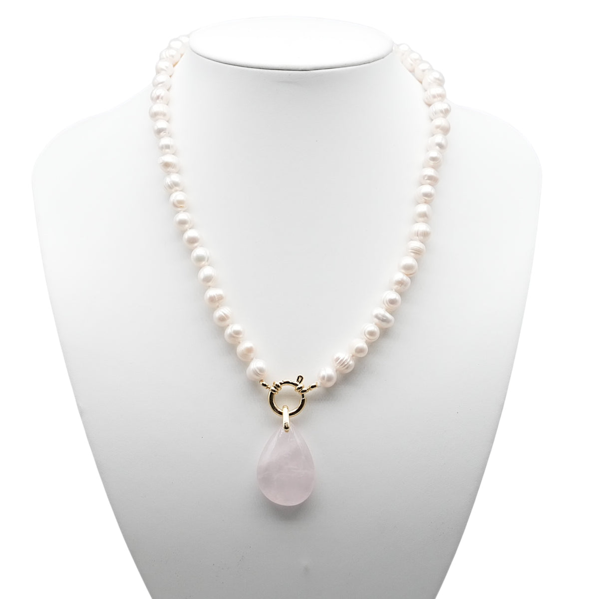 Collier perle d’eau douce 7-8 mm bouée en acier doré ou argenté avec pendentif Quartz rose - Foliesbijoux