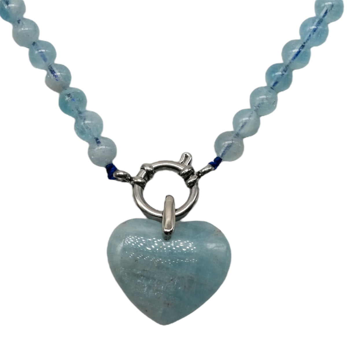 Collier en Aigue marine attache bouée en acier argenté avec pendentif coeur - Foliesbijoux