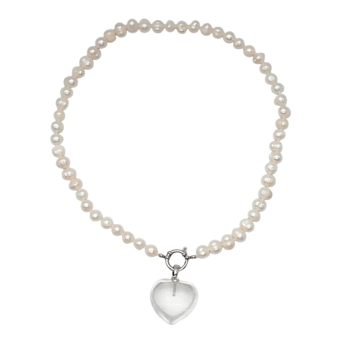 Collier pierre d’eau douce 7-8 mm bouée acier inoxydable argenté avec pendentif Cristal de roche forme cœur (interchangable)
