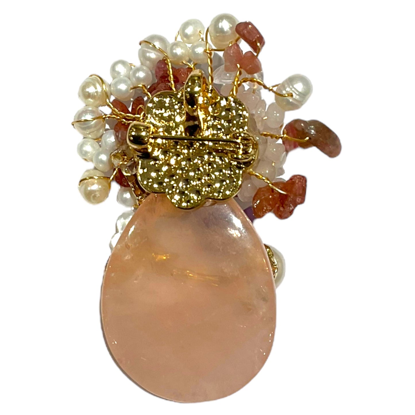Broche fleurie en tourmaline rose, quartz rose et perle de rivière (Exemplaire unique) - Foliesbijoux
