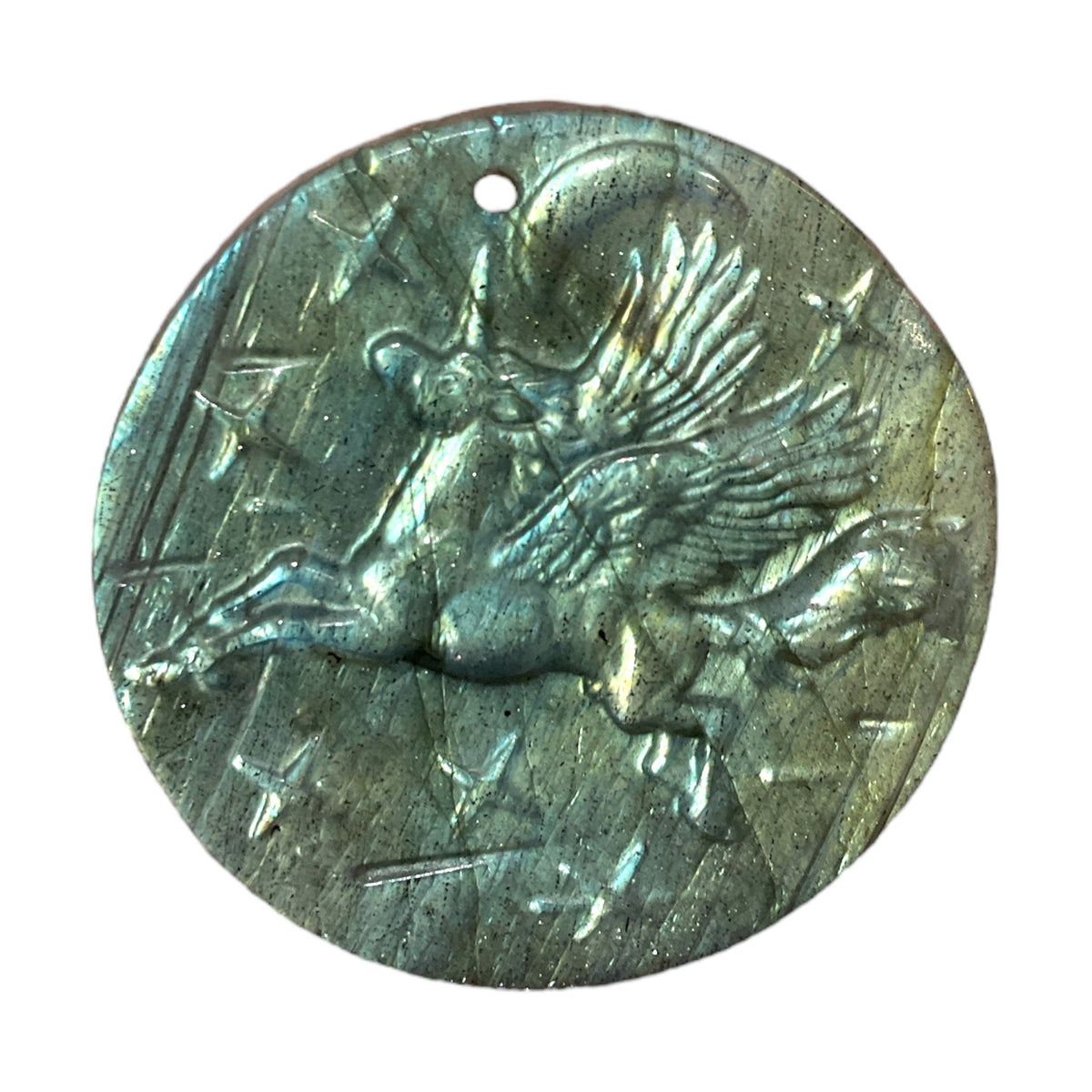 Pendentif plat Labradorite licorne ciel étoilé percé devant - Foliesbijoux