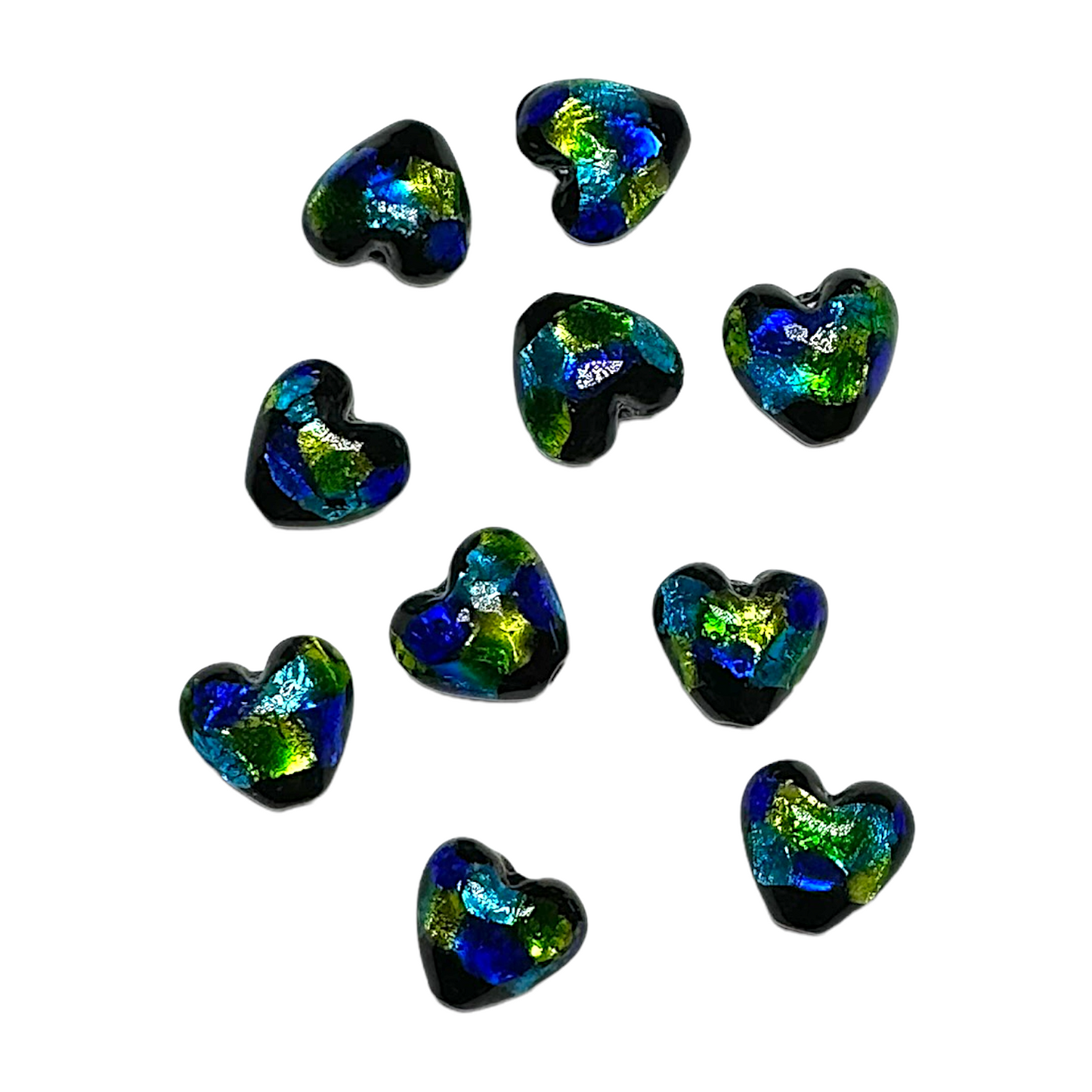 10 perles de verre coeur phosphorescente jaune vert bleu 12 mm #27 - Foliesbijoux