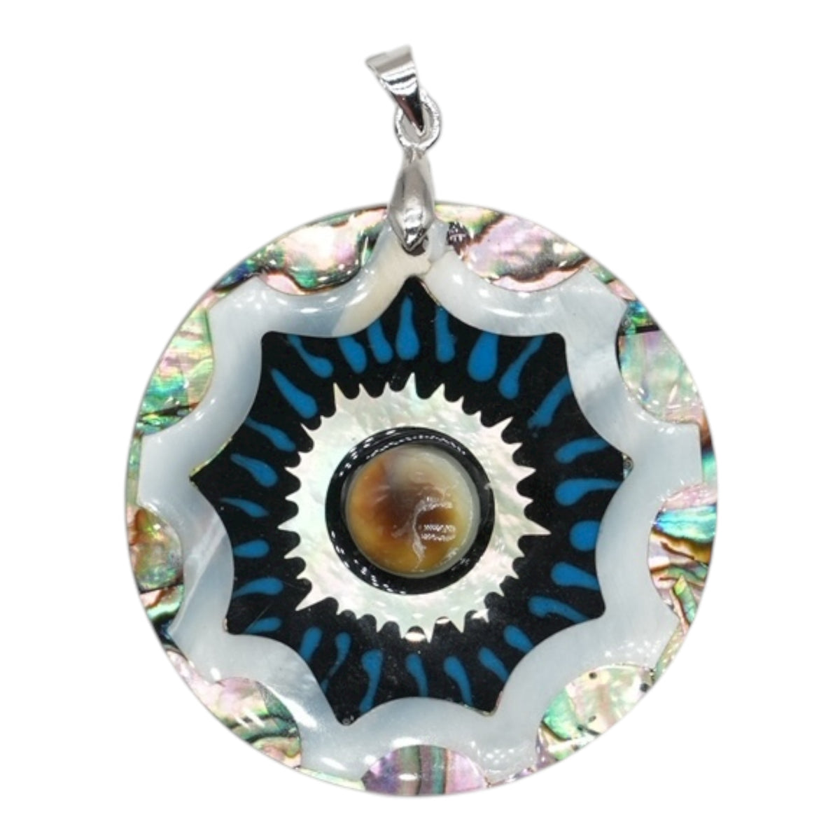 Pendentif ronde en Nacre abalone & oeil de shiva 4 cm (talisman porte-bonheur, protection, la chance et l’ouverture spirituelle)