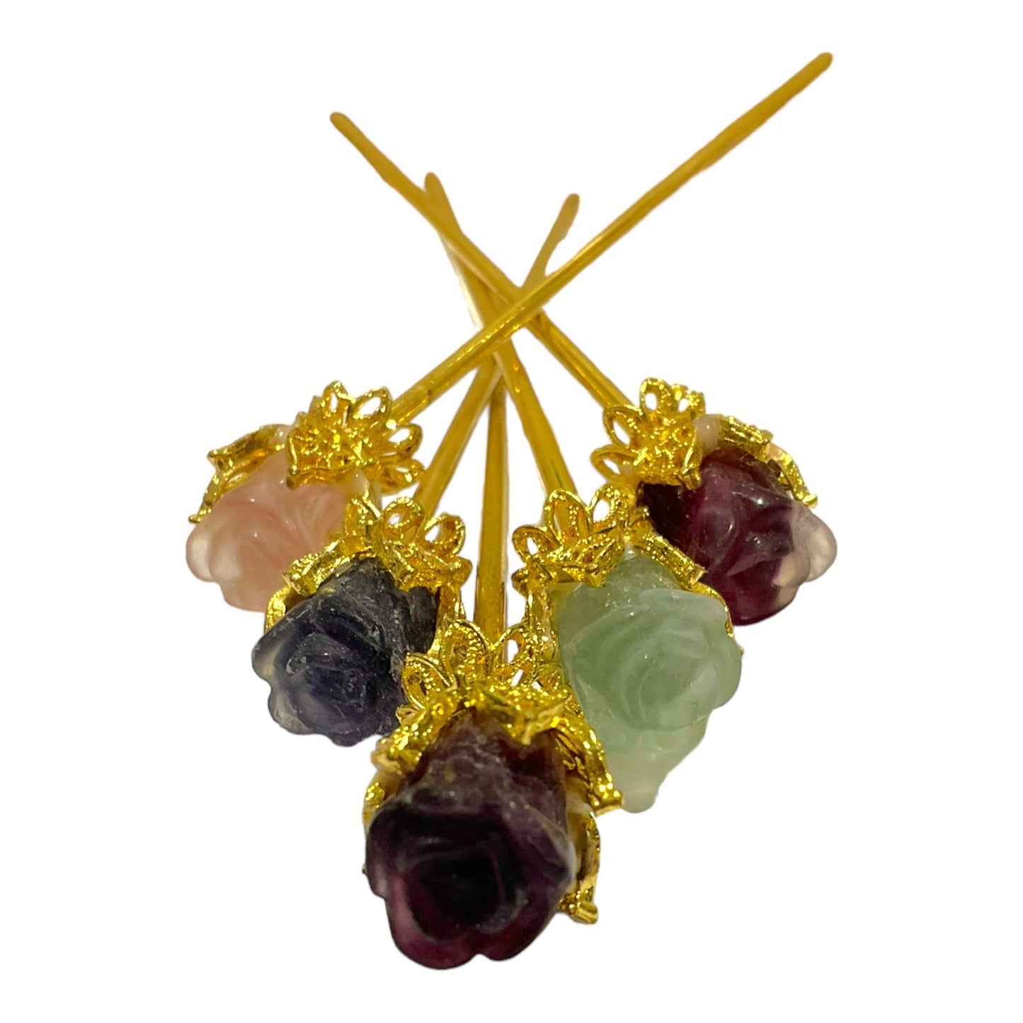 Pic à cheveux rose en Fluorine multicolore doré - Foliesbijoux