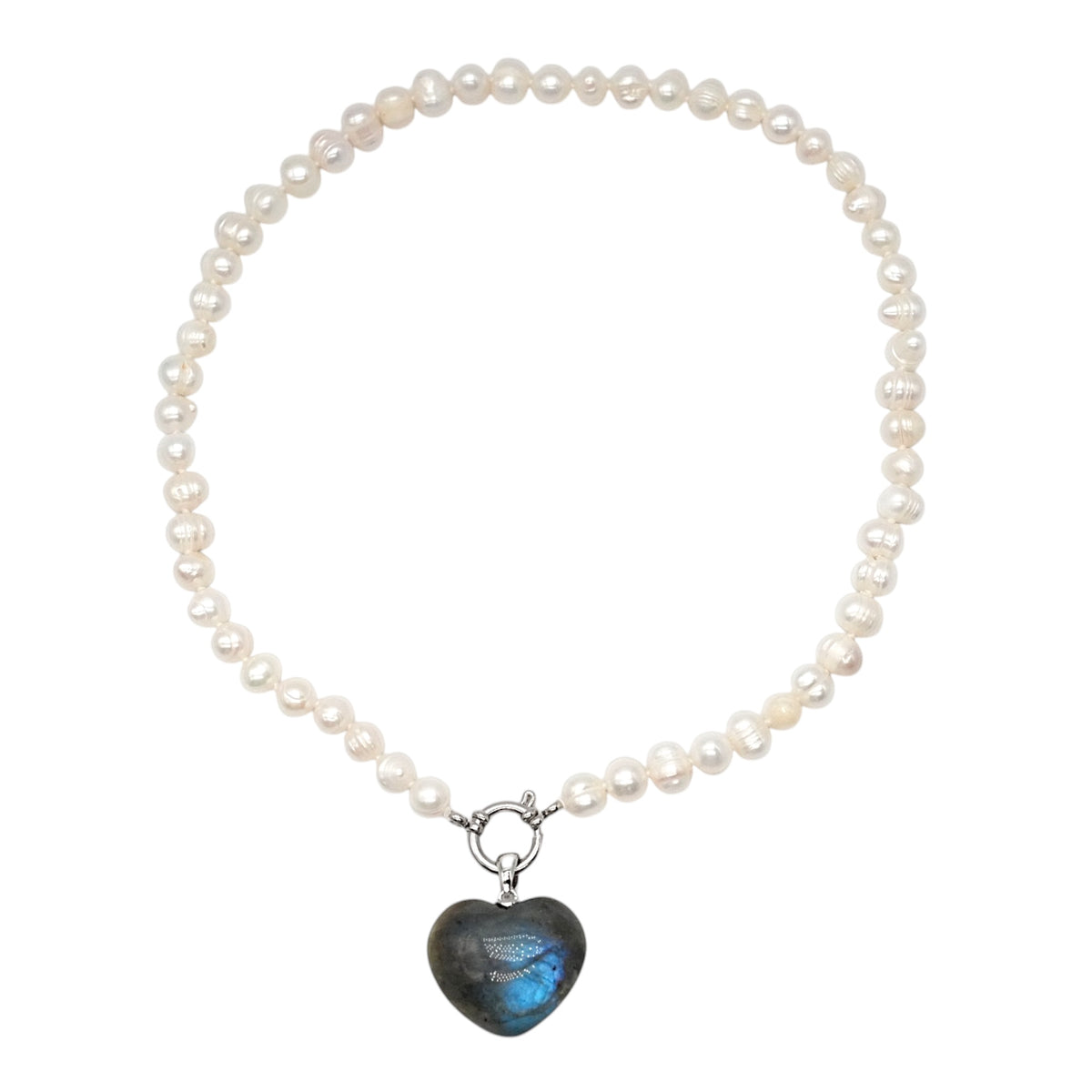 Collier pierre d’eau douce 7-8 mm bouée acier inoxydable argenté avec pendentif Labradorite forme cœur (interchangable)