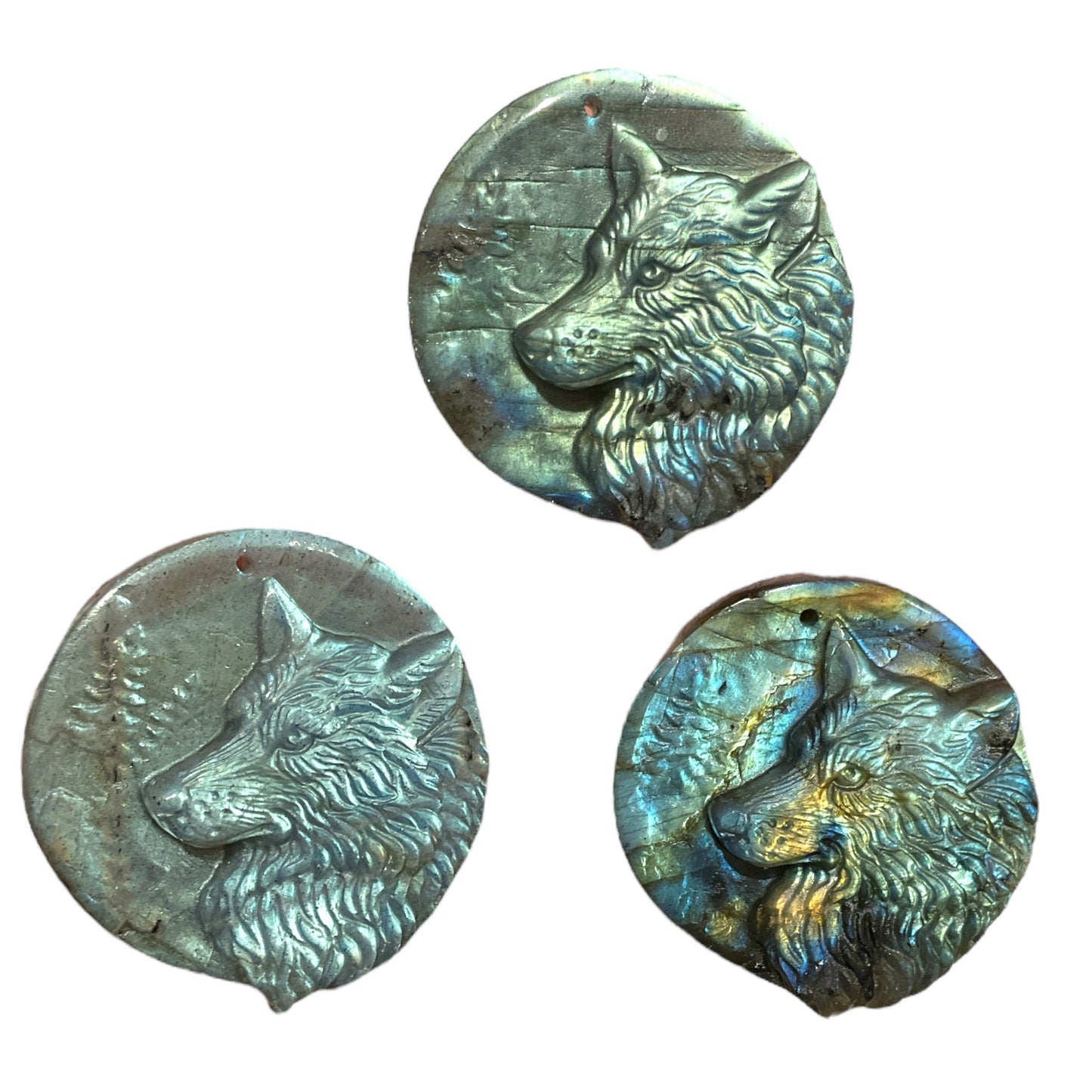 Pendentif plat Labradorite tête de loup percé devant - Foliesbijoux