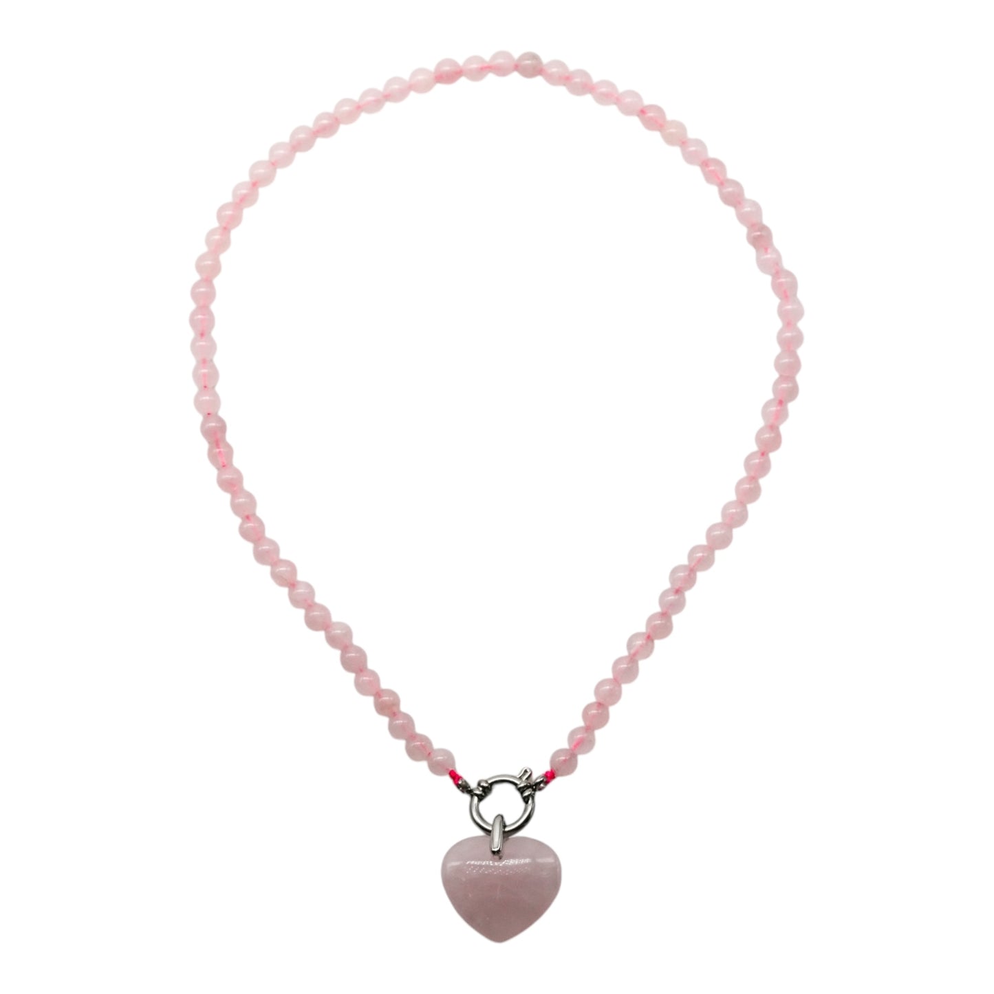 Collier en Quartz rose attache bouée en acier avec pendentif coeur - Foliesbijoux