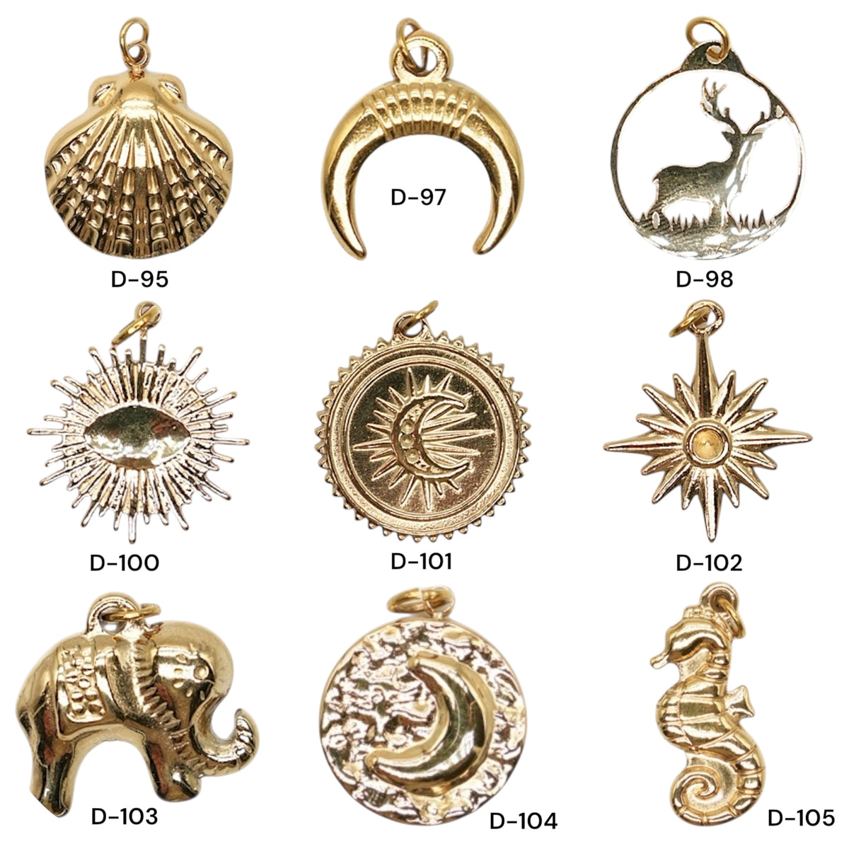 5 Breloques/Pendentifs en acier inoxydable dorée (9 modèles disponible)