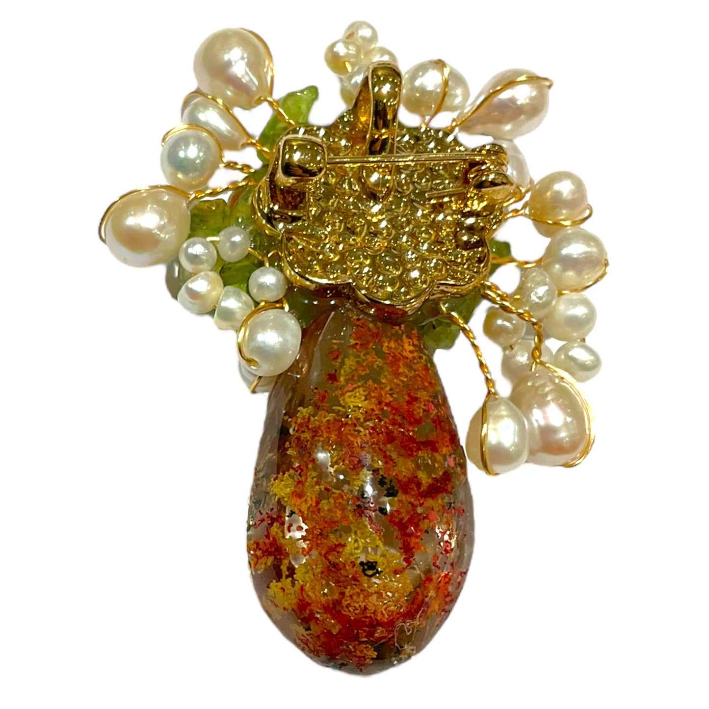 Broche fleurie en péridot, Quartz fantôme & perle de rivières (Exemplaire unique) - Foliesbijoux