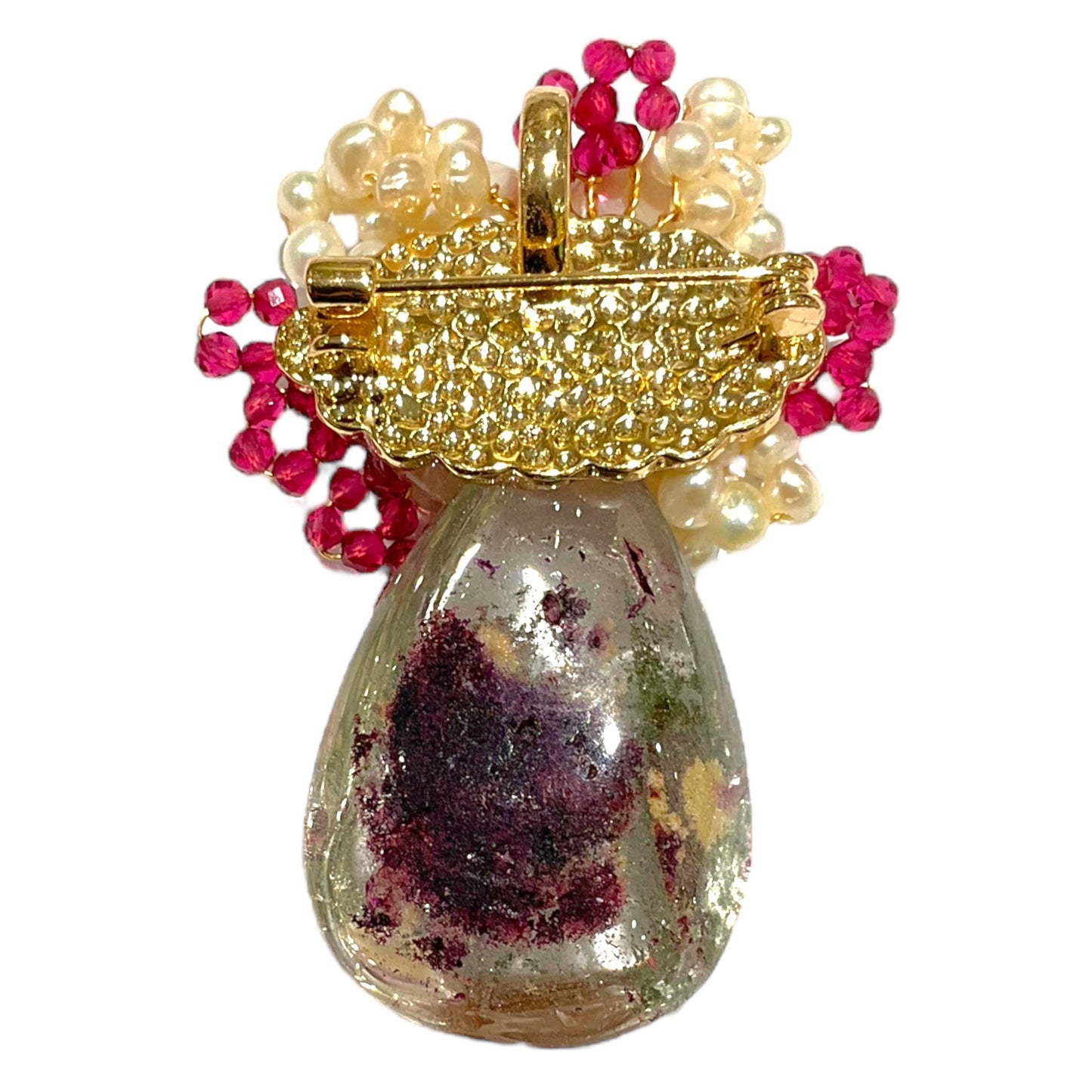 Broche fleurie en quartz fantôme, rubis et perle de rivière (Exemplaire unique) - Foliesbijoux
