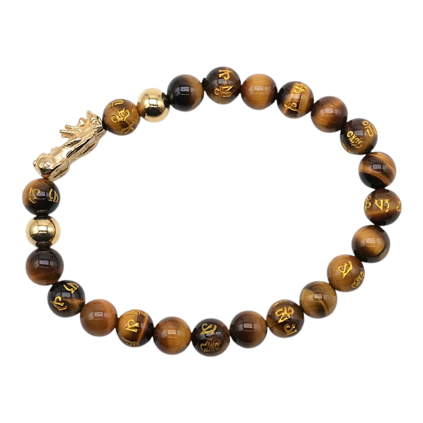 Bracelet Chance & prospérité — Dragon Pixiu en acier inoxydable, Oeil de tigre avec mantra tibétain - Foliesbijoux