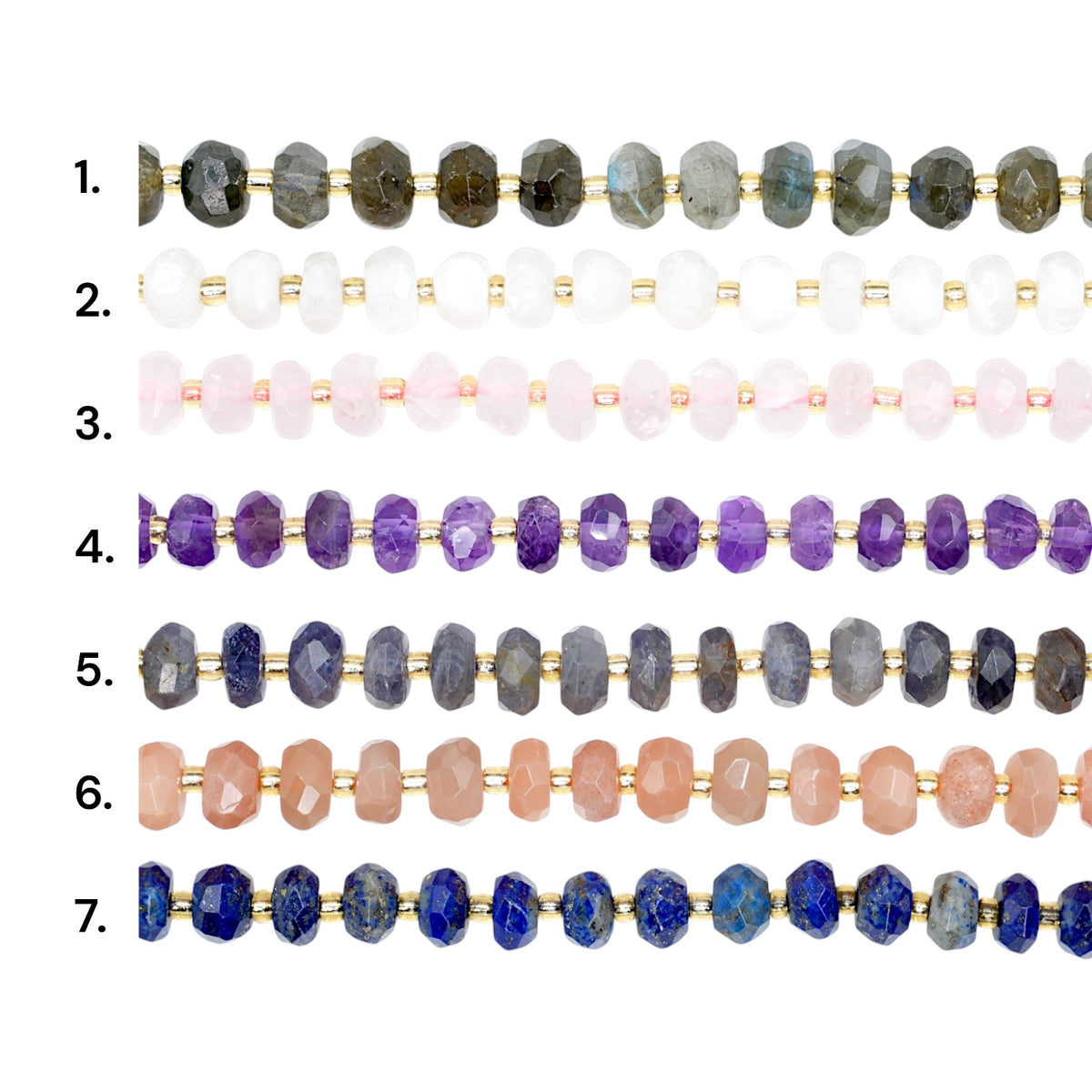 Fil de perle en rondelle facetté avec perles rocailles 5x8 mm (7 pierres disponible)