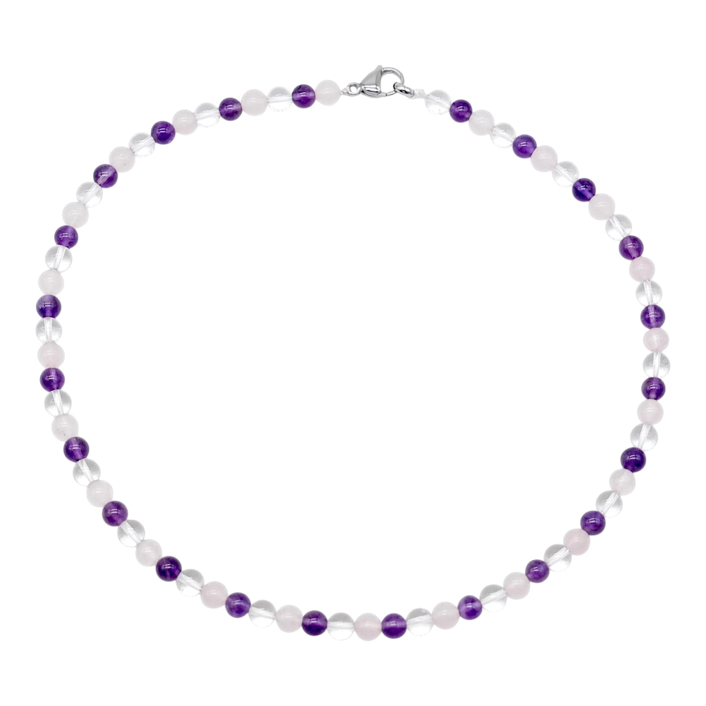 Collier Anti-stress & angoisse avec fermoir acier inoxydable — Améthyste, Cristal de roche & Quartz Rose A+ (numéro 15) - Foliesbijoux