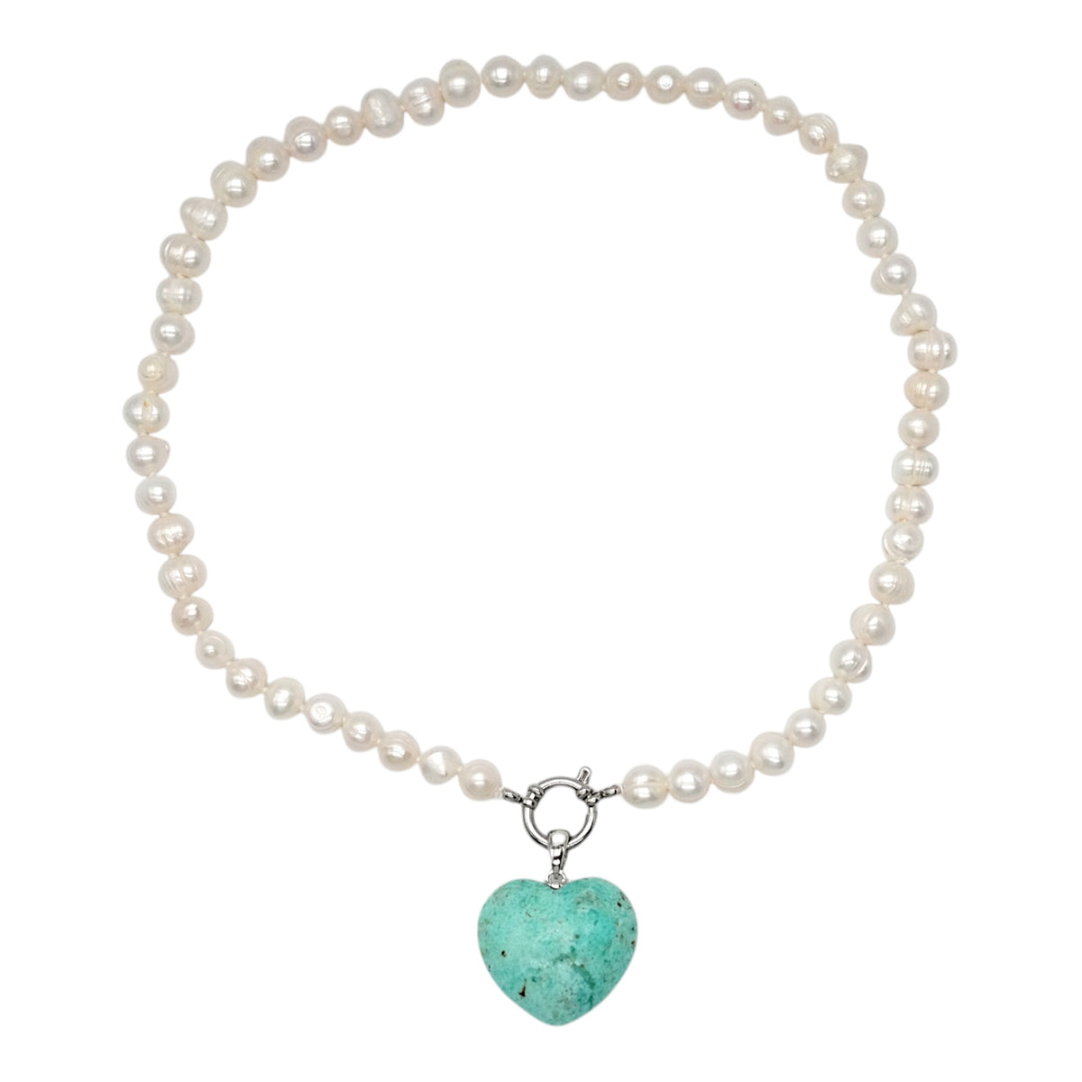 7-8mm Freshwater Pearl Necklace, Silver-Plated Stainless Steel Clasp with Peruvian Turquoise Heart Pendant (Interchangeable)