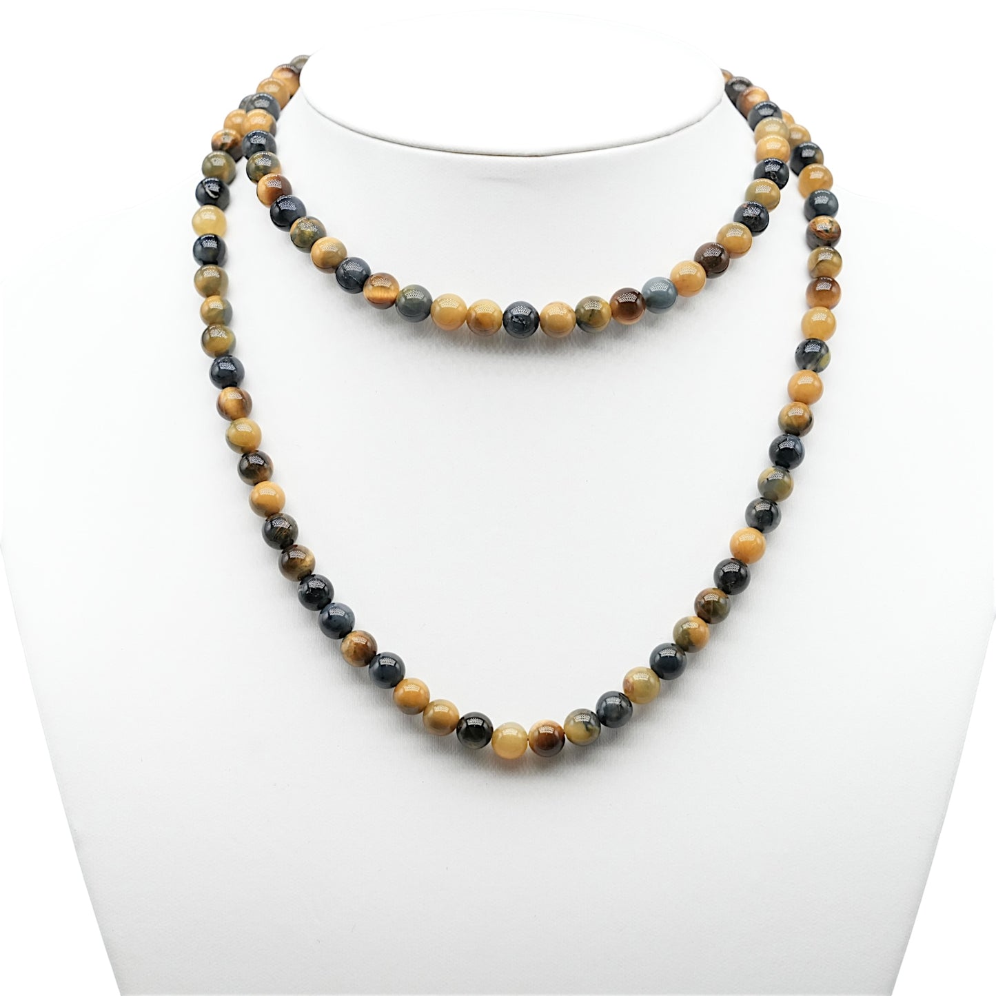 Collier sautoir 75 cm boule Oeil de tigre blanc 6 mm - Foliesbijoux