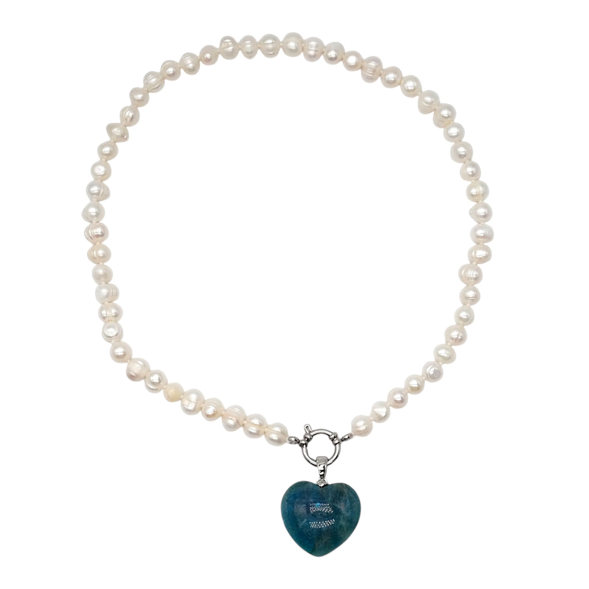 Collier pierre d’eau douce 7-8 mm bouée acier inoxydable argenté avec pendentif Apatite bleue forme cœur (interchangable)