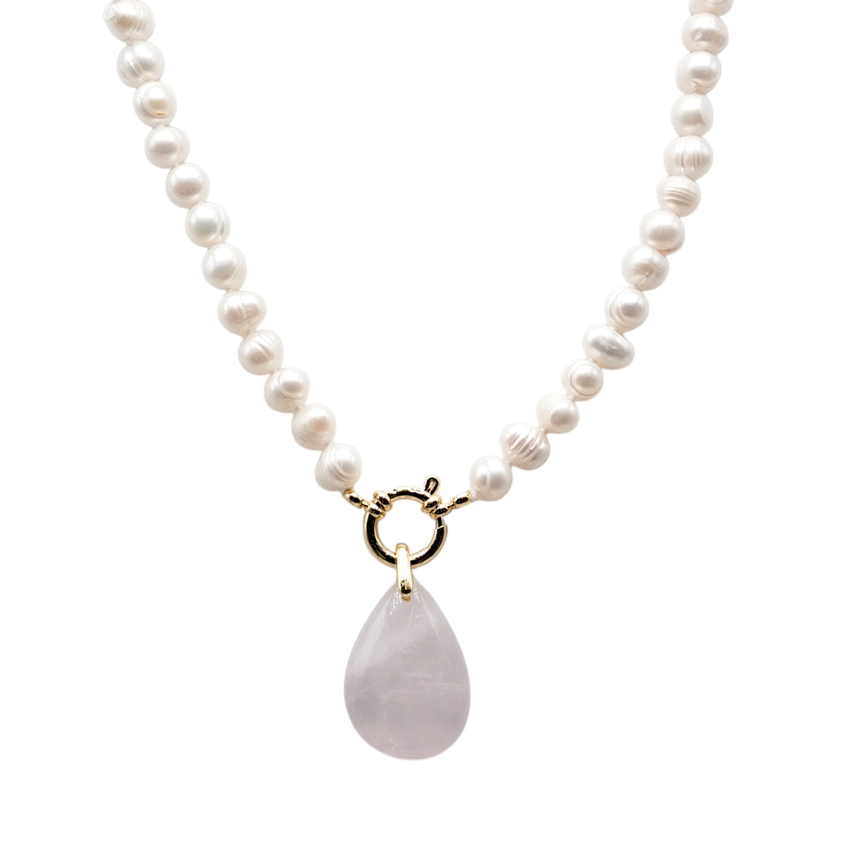 Collier perle d’eau douce 7-8 mm bouée en acier doré ou argenté avec pendentif Quartz rose - Foliesbijoux