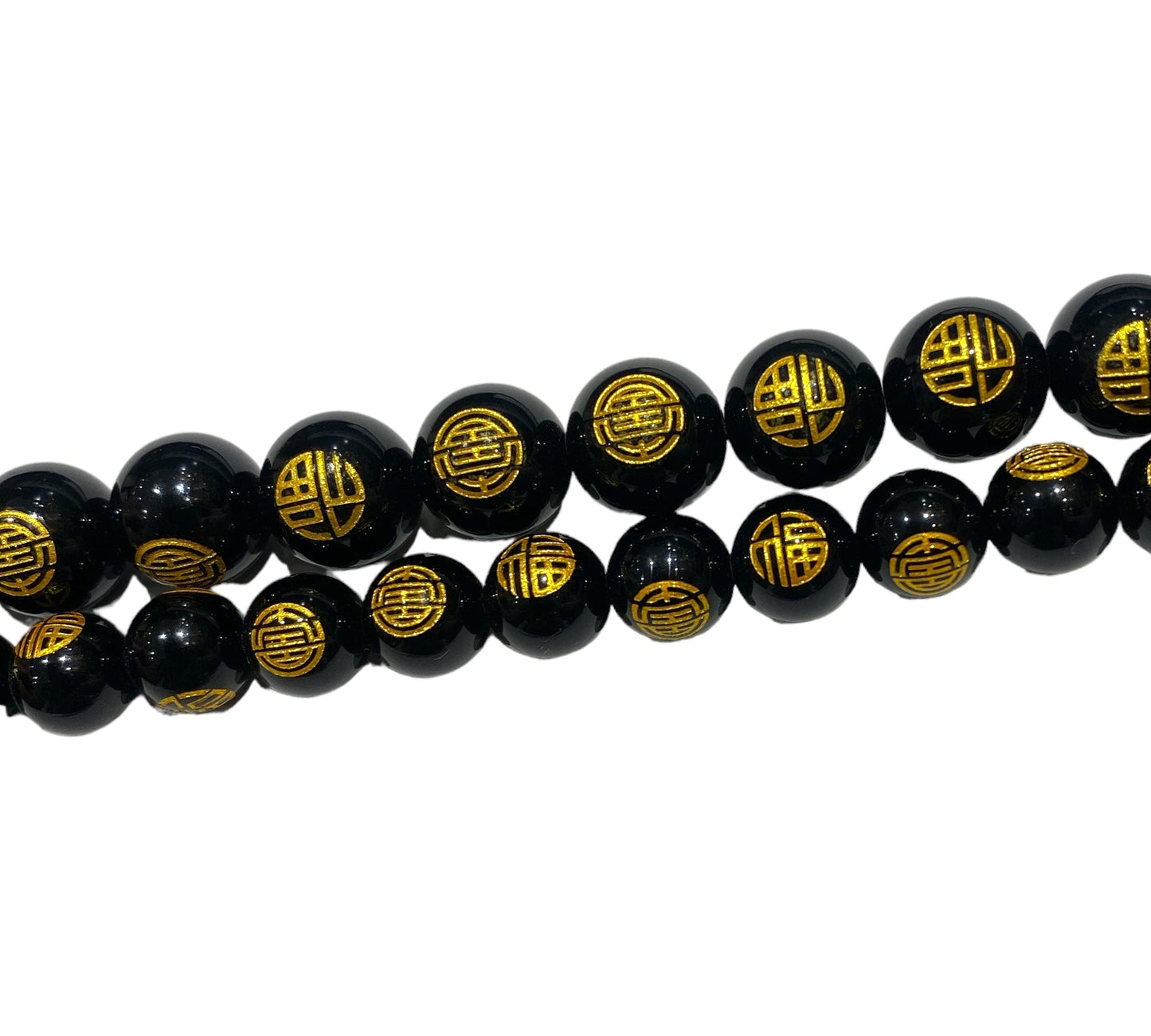 Fil de perle signe heureux chinois gravé Obsidienne A - Foliesbijoux
