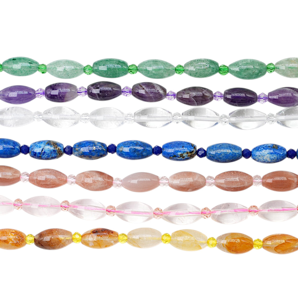 Fil de perle ovale en pierre naturelle 8x12 mm avec perles de rocaille (7 pierres disponible) — Référence OV1
