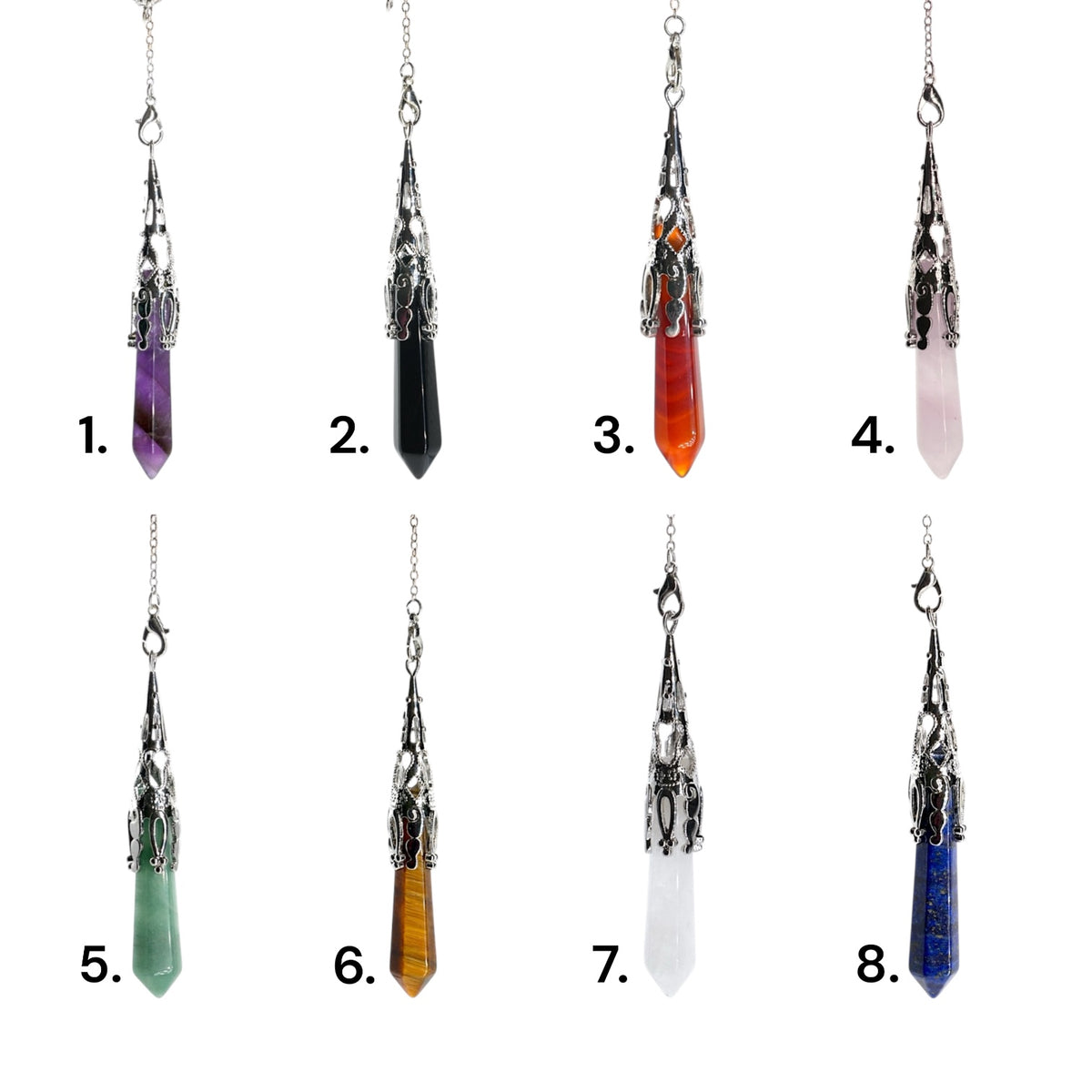 Pendule longue pointe (chaine en 7 chakras) (8 pierres disponible) RESTOCK