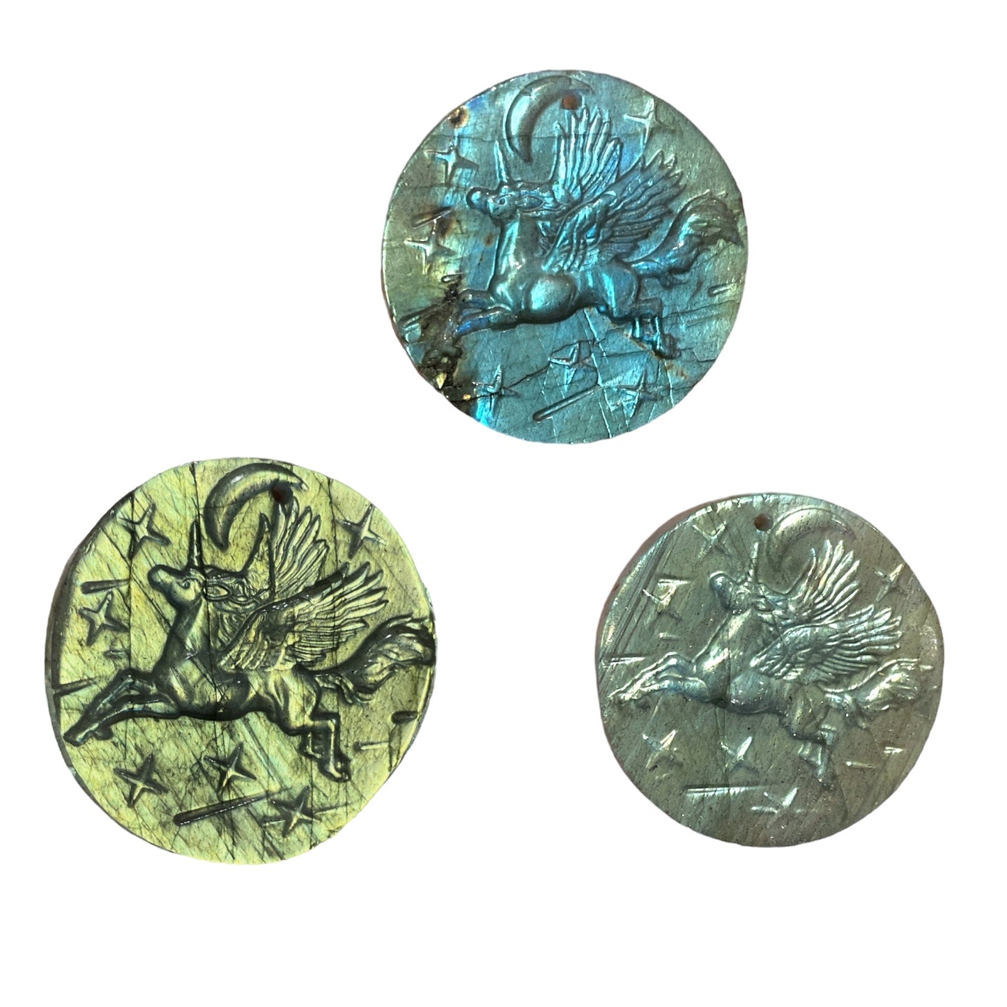 Pendentif plat Labradorite licorne ciel étoilé percé devant - Foliesbijoux