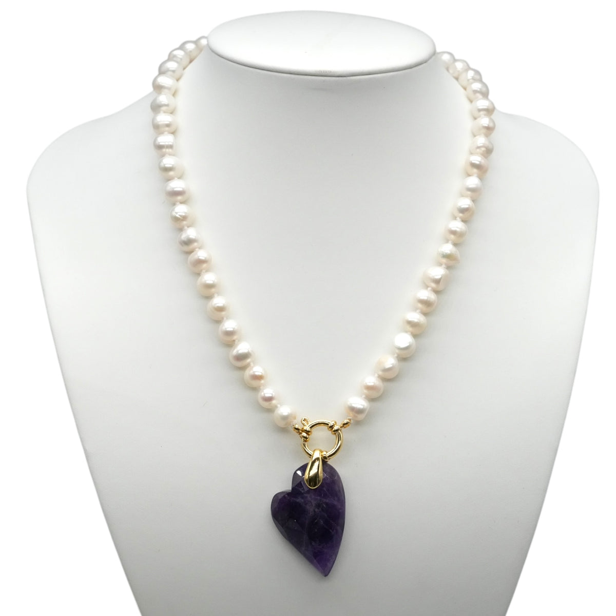 Collier pierre d’eau douce 8-9 mm avec pendentif forme cœur facetté (16 pierres différentes) - Foliesbijoux