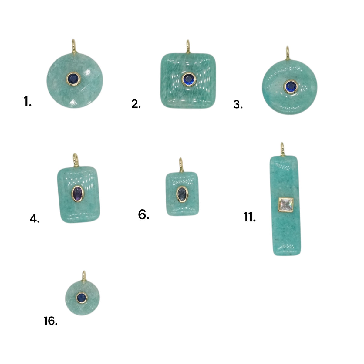 Pendentif en amazonite du Pérou avec pierre Zircon couleur aléatoire (7 formes disponible)