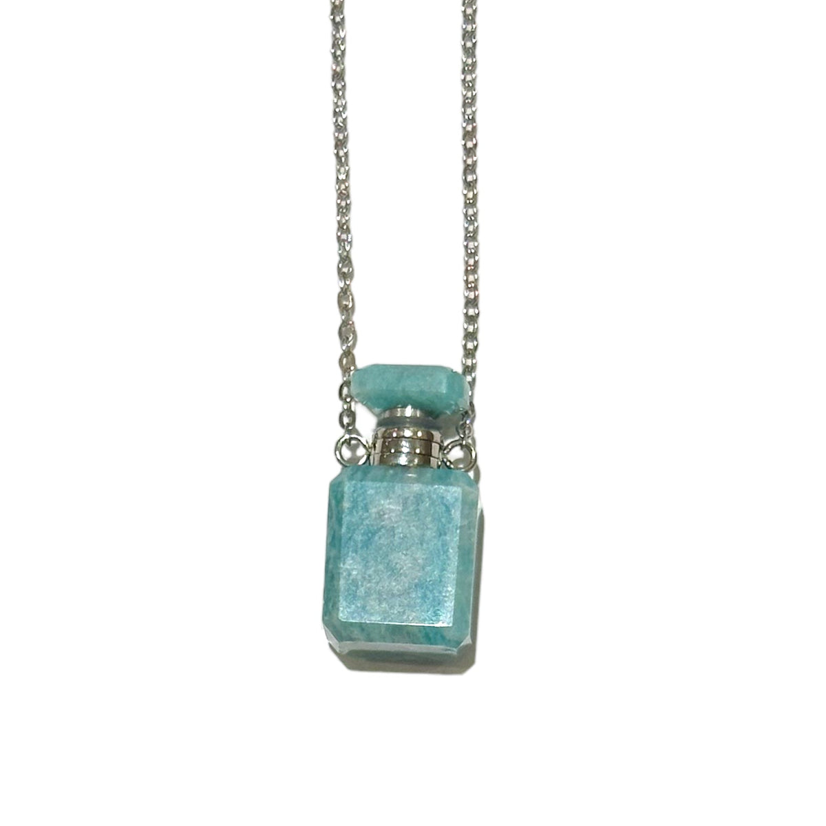 Collier fiole en amazonite forme rectangle pour huile essentiel/parfum - Foliesbijoux