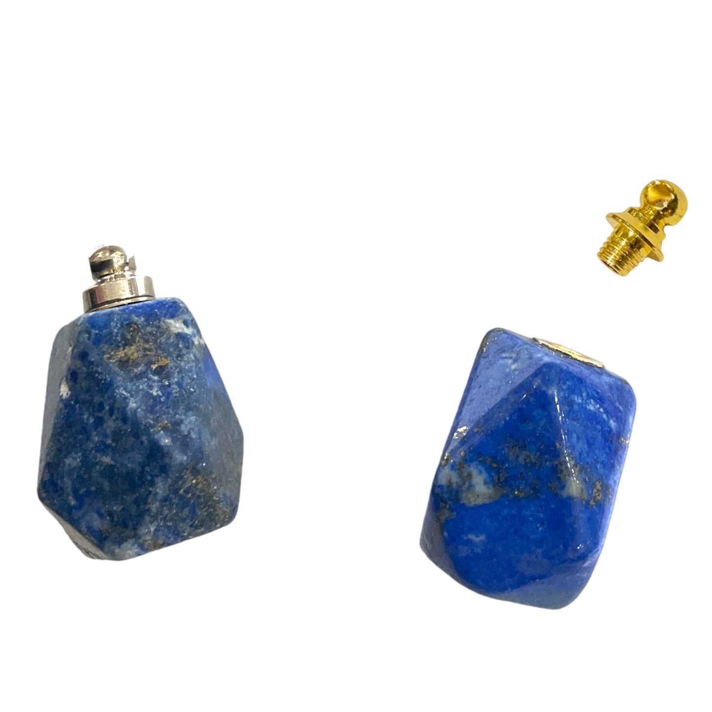 Pendentif fiole Lapis Lazuli & acier en forme facetté pour huile essentielle/parfum - Foliesbijoux