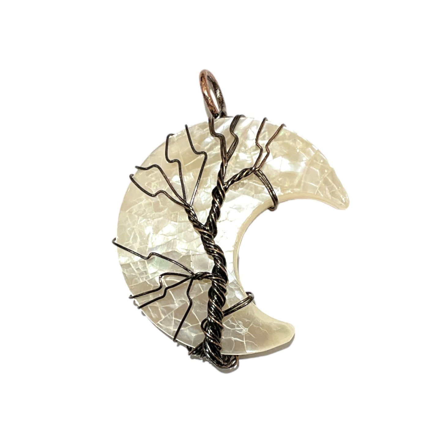 Pendentif en Arbre de vie nacre forme lune cuivrée - Foliesbijoux