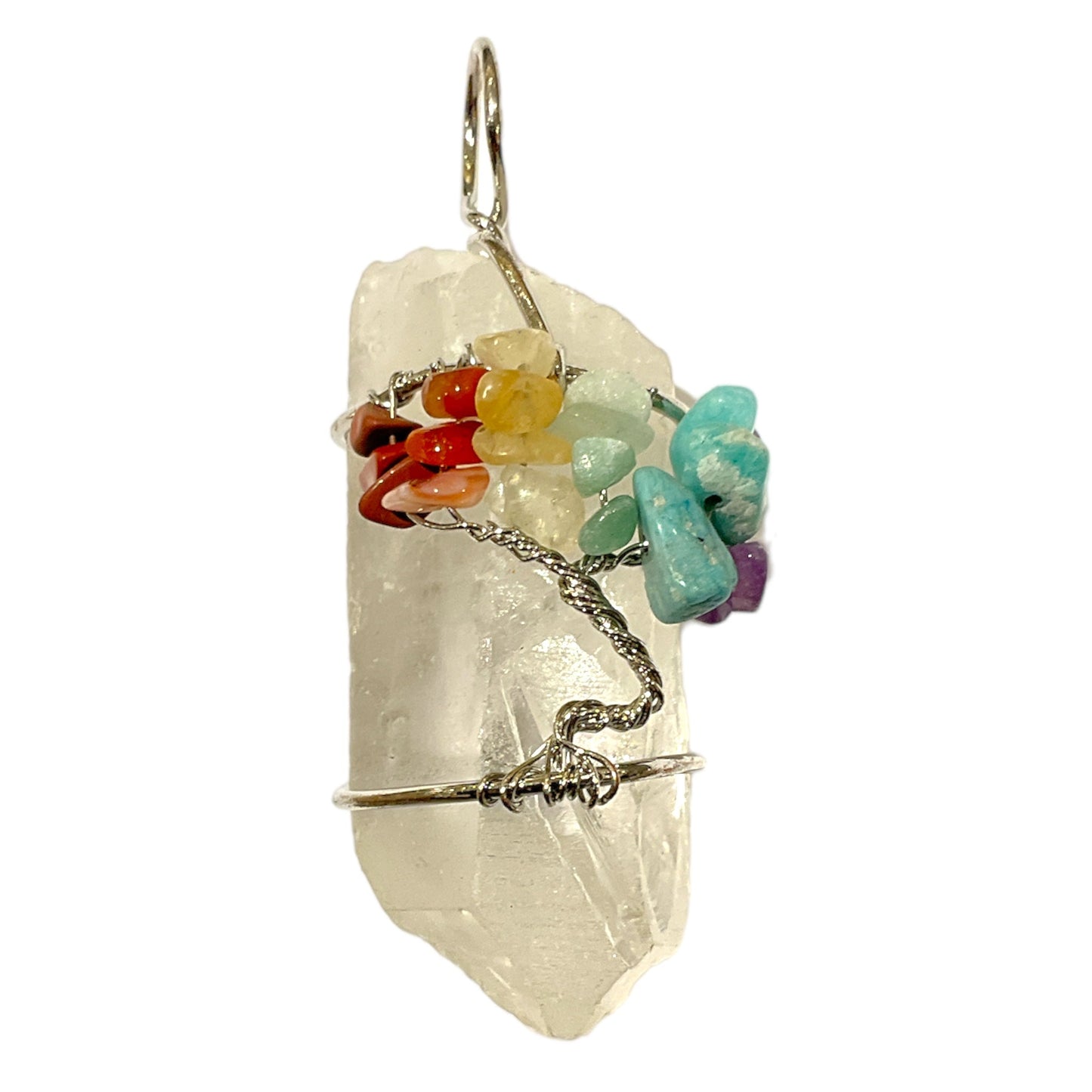 Pendentif Cristal de roche Brute Arbre de vie 7 chakras argenté - Foliesbijoux