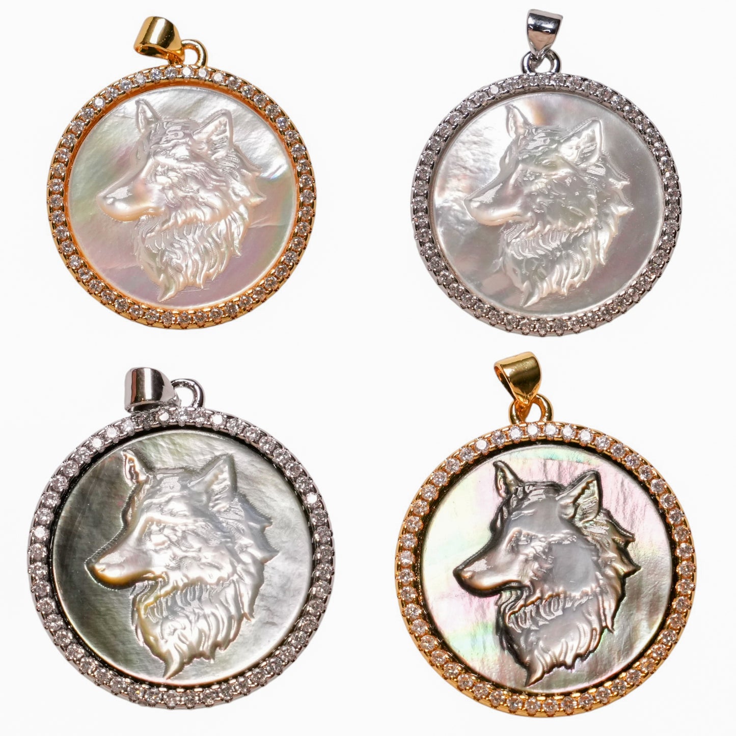 Pendentif Loup nacre sculpté main orné de strass - Foliesbijoux