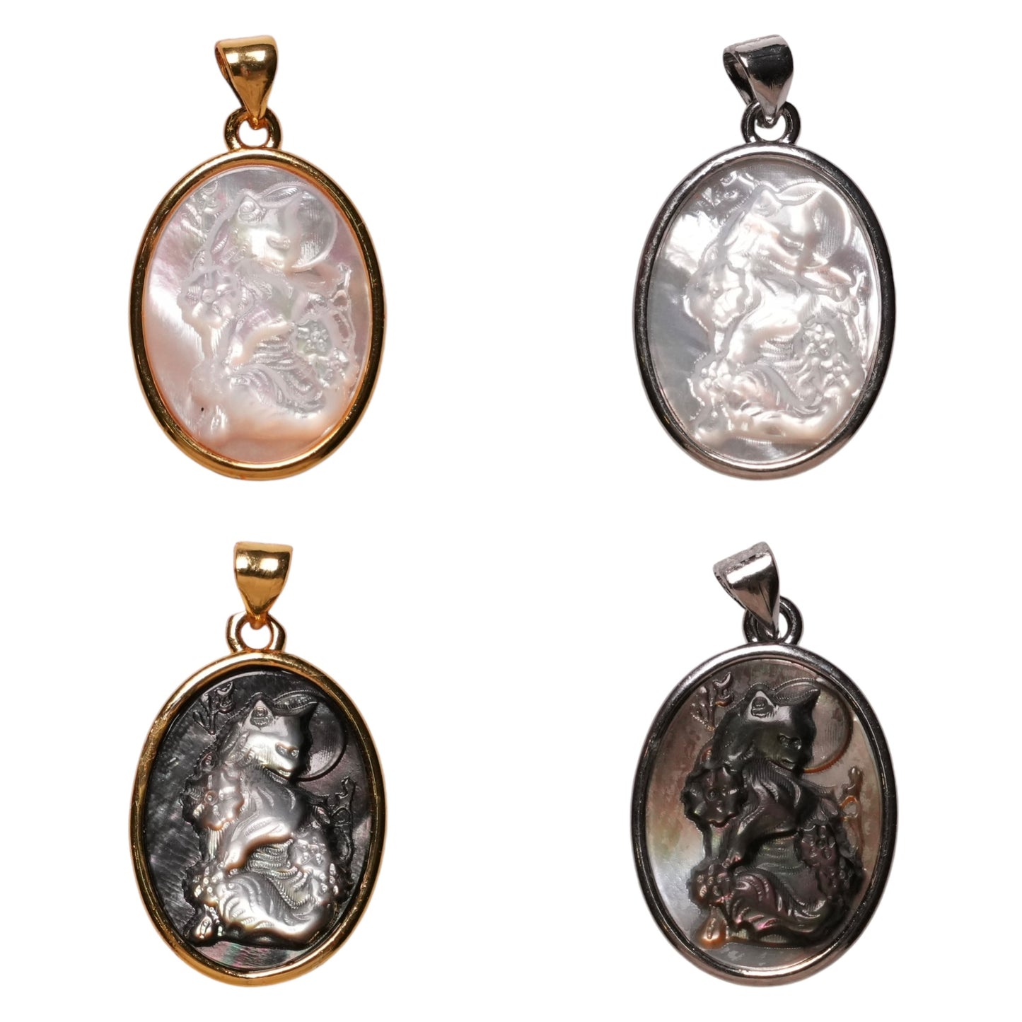 Pendentif Chat nacre sculpté main orné - Foliesbijoux