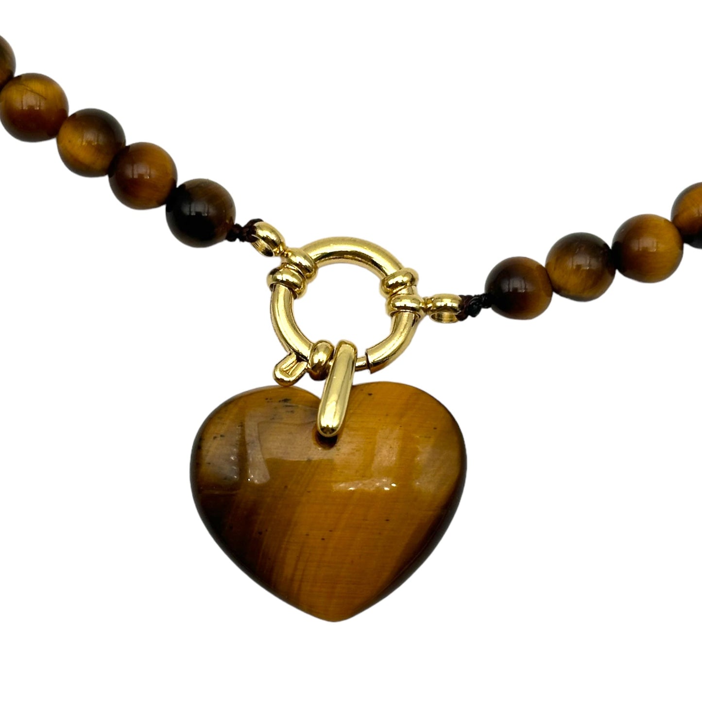 Collier boule en oeil de tigre attache bouée en acier dorée avec pendentif coeur - Foliesbijoux