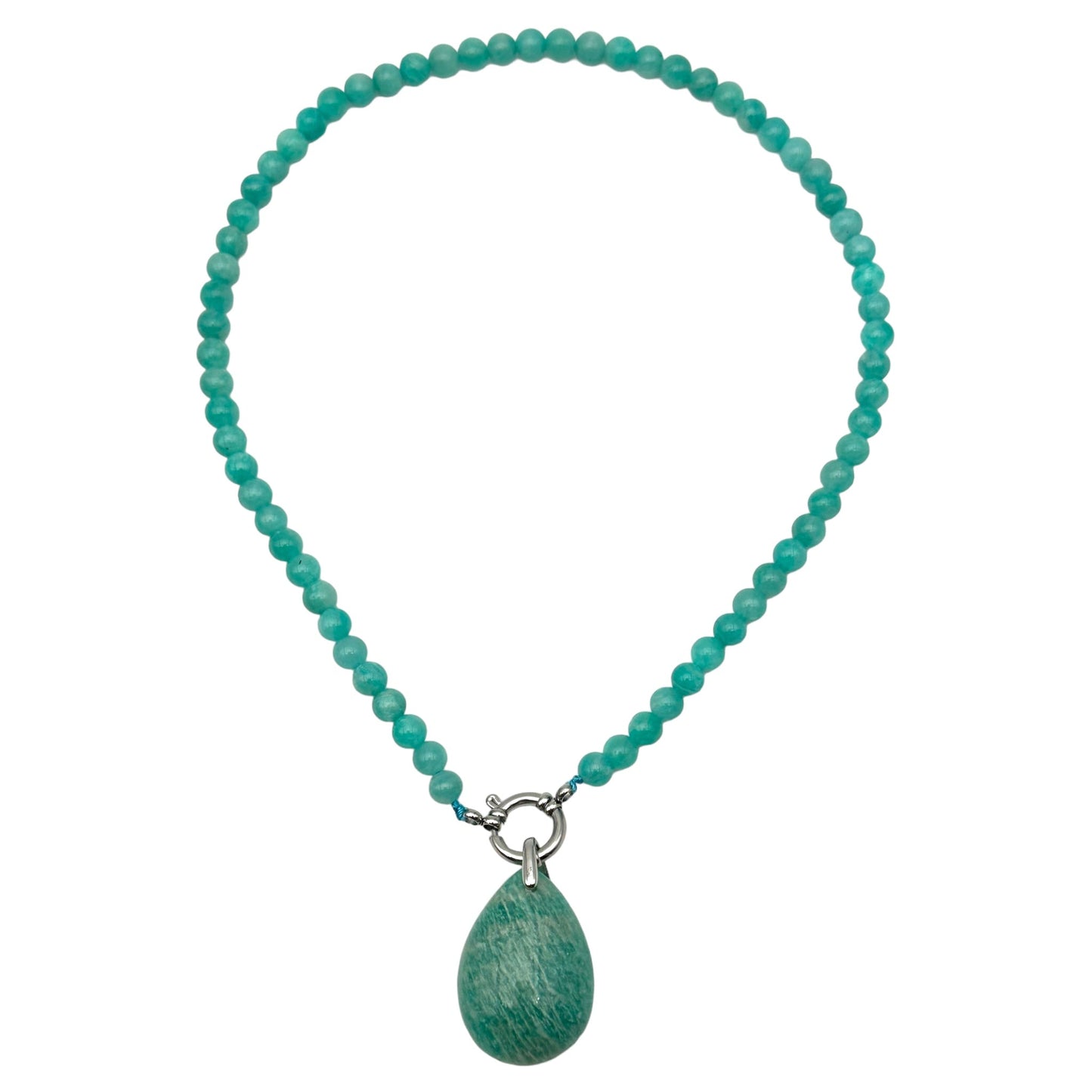 Collier boule en Amazonite du Perou A attache bouée en acier argenté avec pendentif - Foliesbijoux