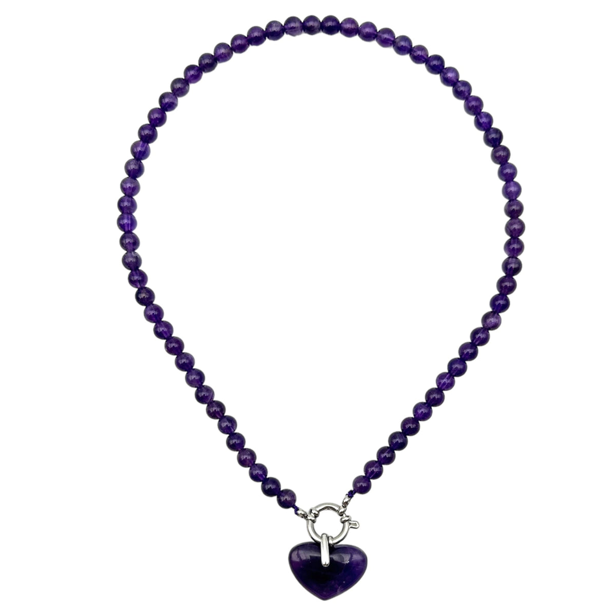 Collier boule en amethyste attache bouée en acier argenté avec pendentif coeur - Foliesbijoux