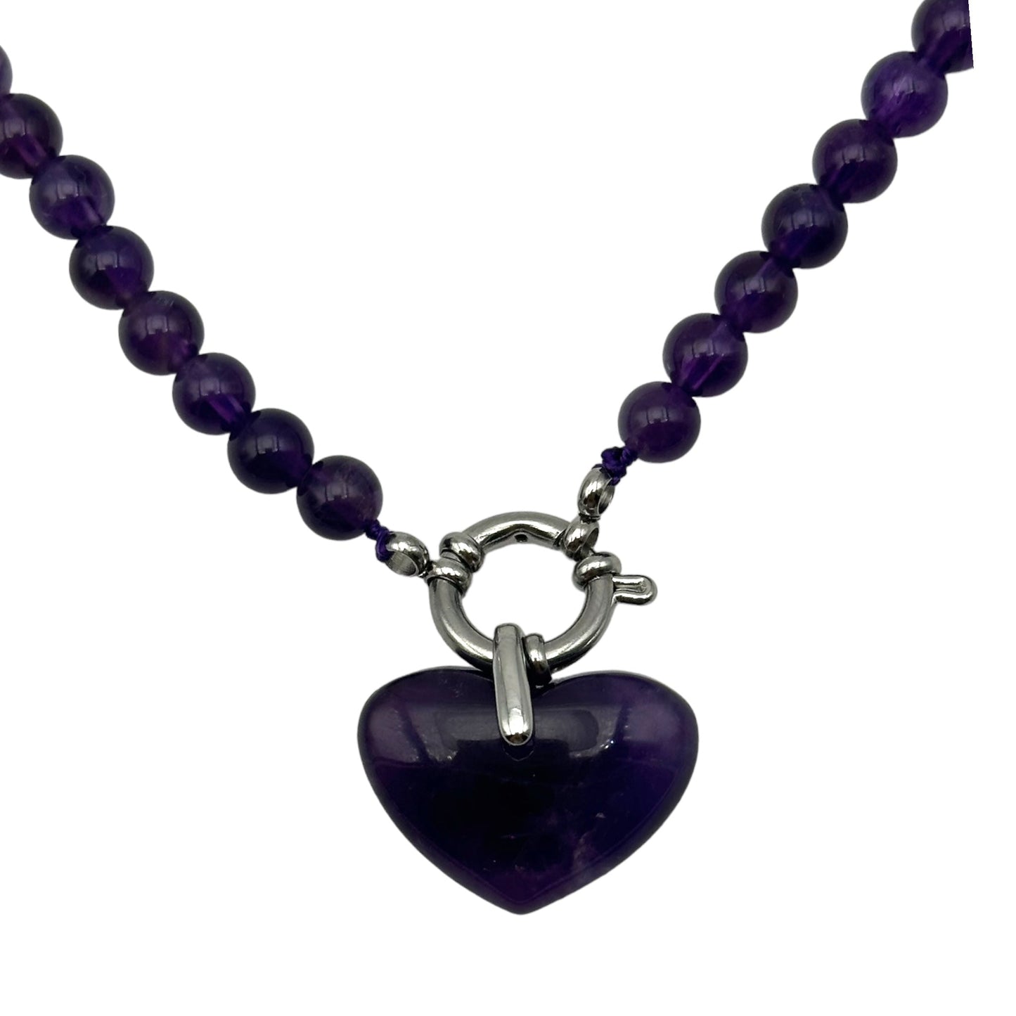 Collier boule en amethyste attache bouée en acier argenté avec pendentif coeur - Foliesbijoux