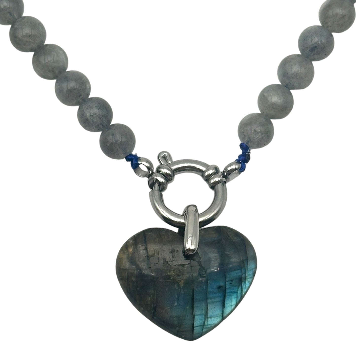 Collier boule en labradorite attache bouée en acier argenté avec pendentif labradorite A - Foliesbijoux