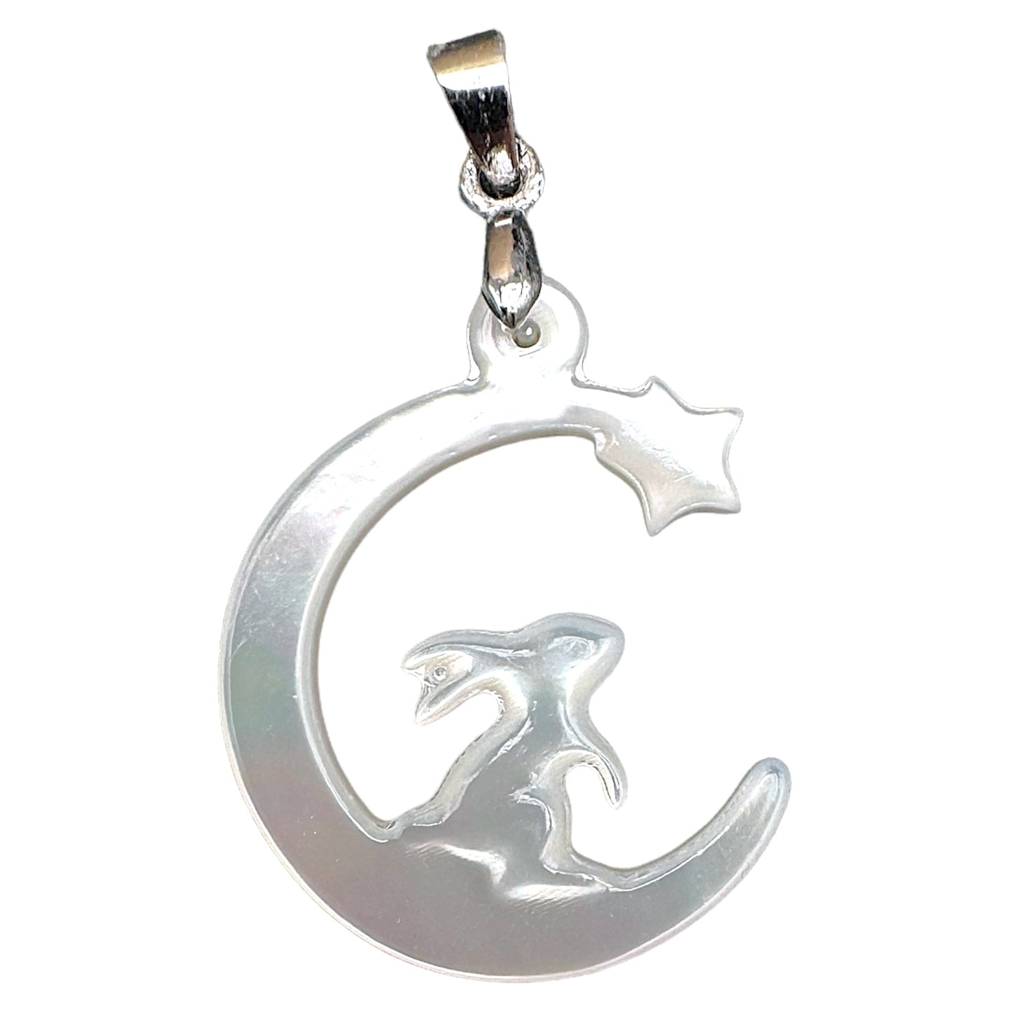 Pendentif en nacre Lapin assis sur une lune croissante & étoile - Foliesbijoux