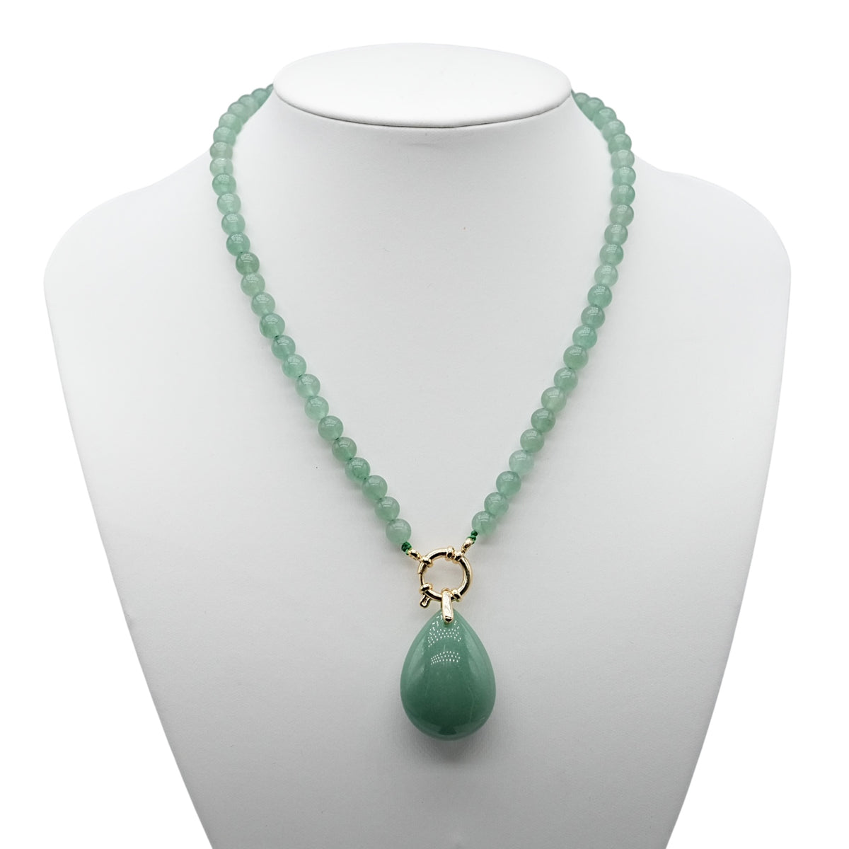 Collier boule en Aventurine verte attache bouée en acier doré avec pendentif - Foliesbijoux