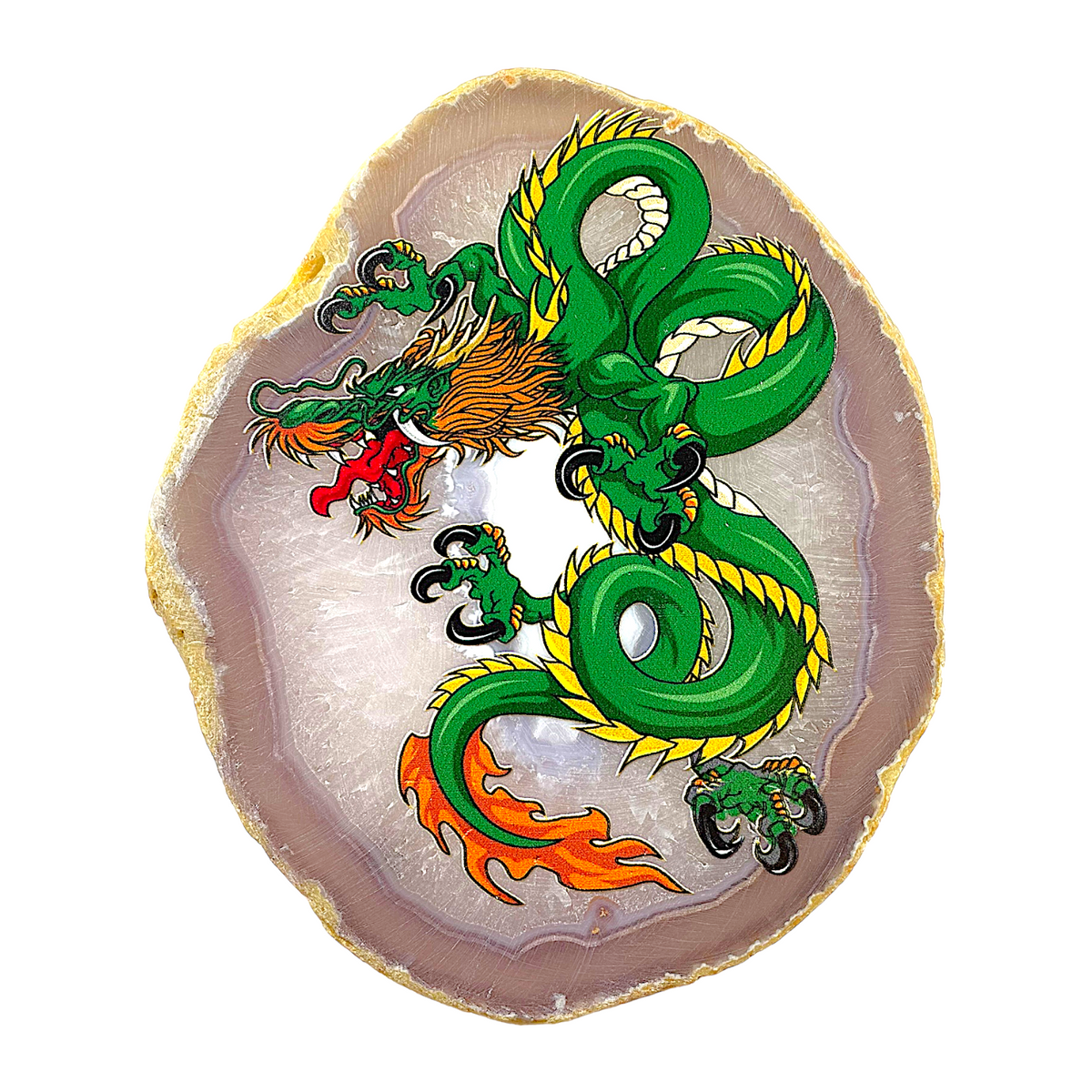 Plaque en Agate Botswana grise avec imprimé dragon vert (peut présenter des défauts) - Foliesbijoux