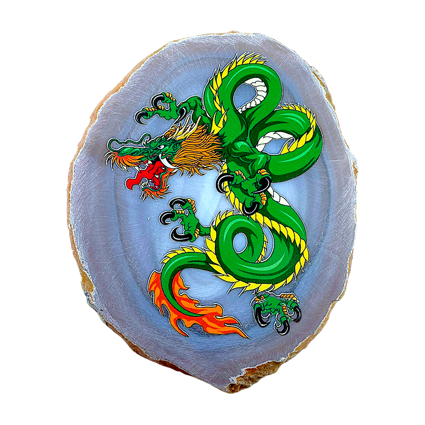 Plaque en Agate Botswana grise avec imprimé dragon vert (peut présenter des défauts) - Foliesbijoux
